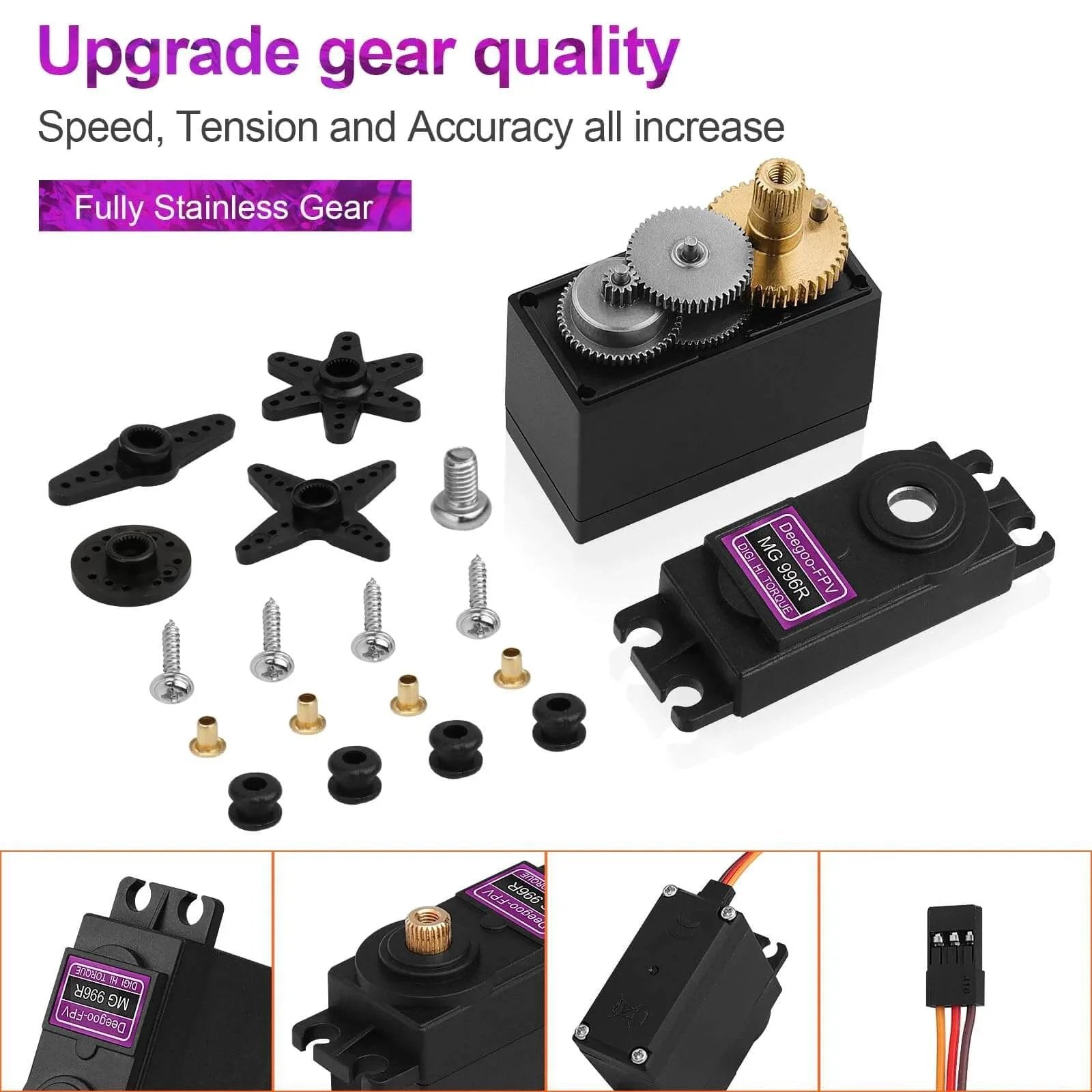 [2-Pack] MG996R 55g Metal Gear Torque Digital Servo Motor for Futaba JR RC Helicopter Car Boat Robot showing components