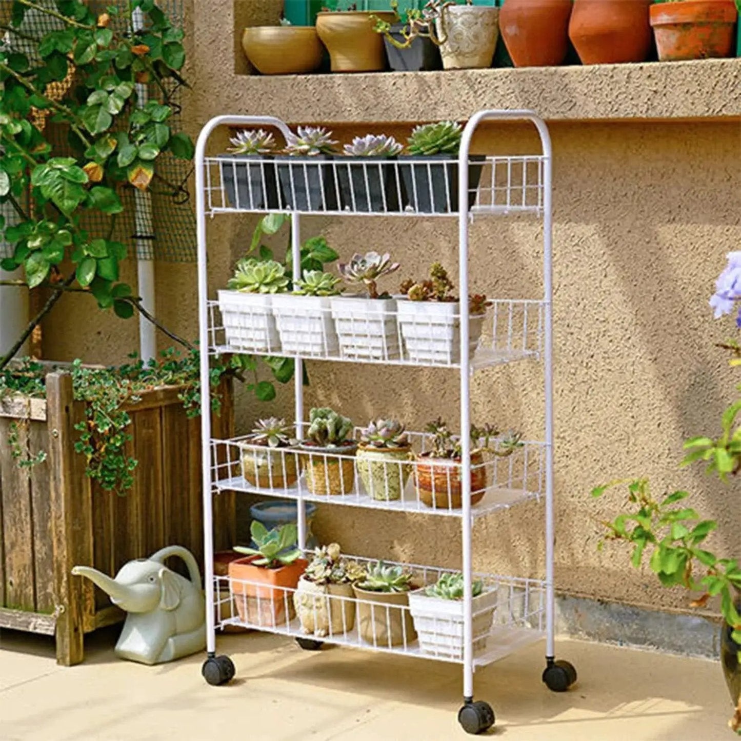 White metal plant shelf with 2 Inch Swivel Stem Caster Wheels With Brakes For Shelving And Furniture Replacement Durable Polypropylene Casters Non Toxic Eco Friendly Recyclable Quarter Inch 20 Thread One Inch Shaft Black in garden setting