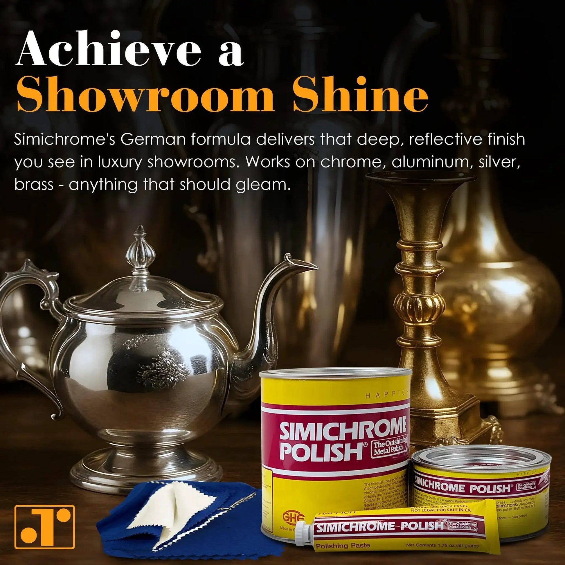 Premium Metal Polish Compound With Cloth 250g Restores Dull Chrome Aluminum Stainless Steel And More To A Bright Mirror Finish Ideal For Hardware Fixtures Automotive Trim And Household Surfaces, shown with cloth and polished items