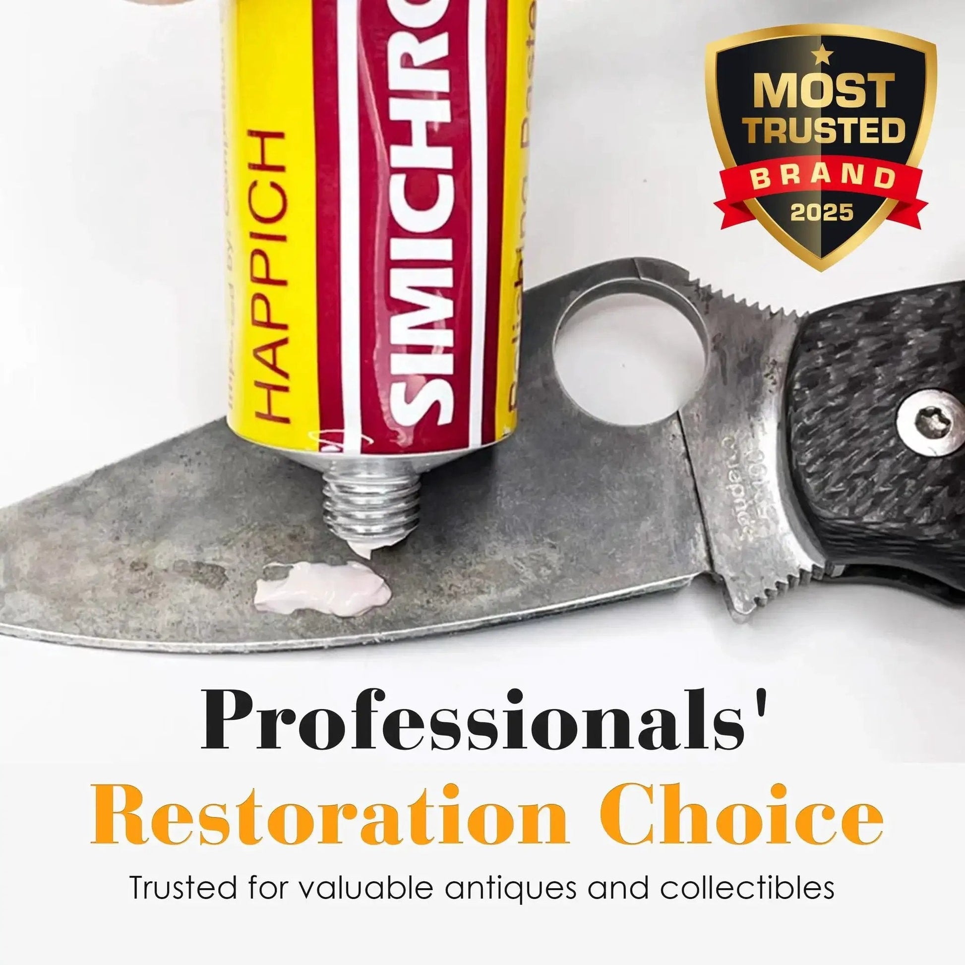 Premium Metal Polish Compound With Cloth 250g tube on a metal knife blade for restoration and shine.