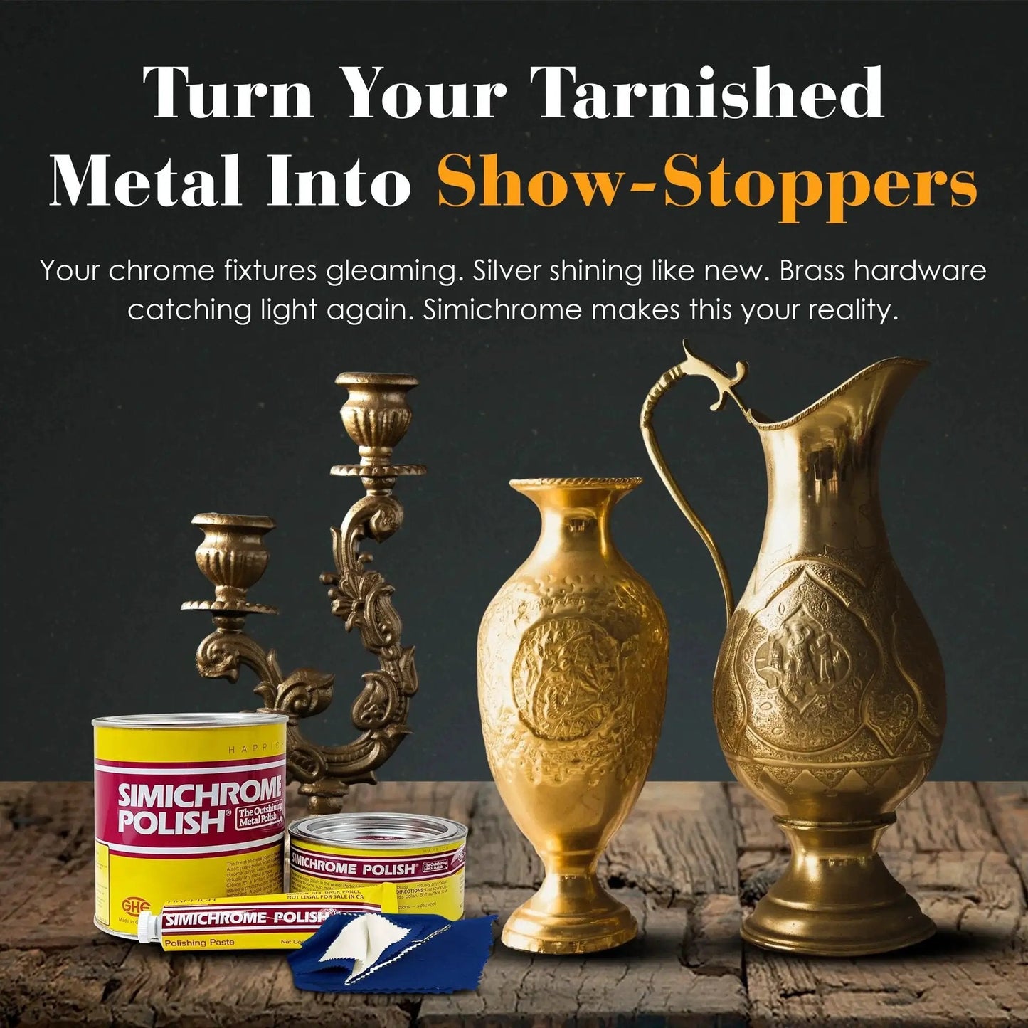 Premium Metal Polish Compound With Cloth 250g Restores Dull Chrome Aluminum Stainless Steel And More To A Bright Mirror Finish Ideal For Hardware Fixtures Automotive Trim And Household Surfaces next to polished brass items