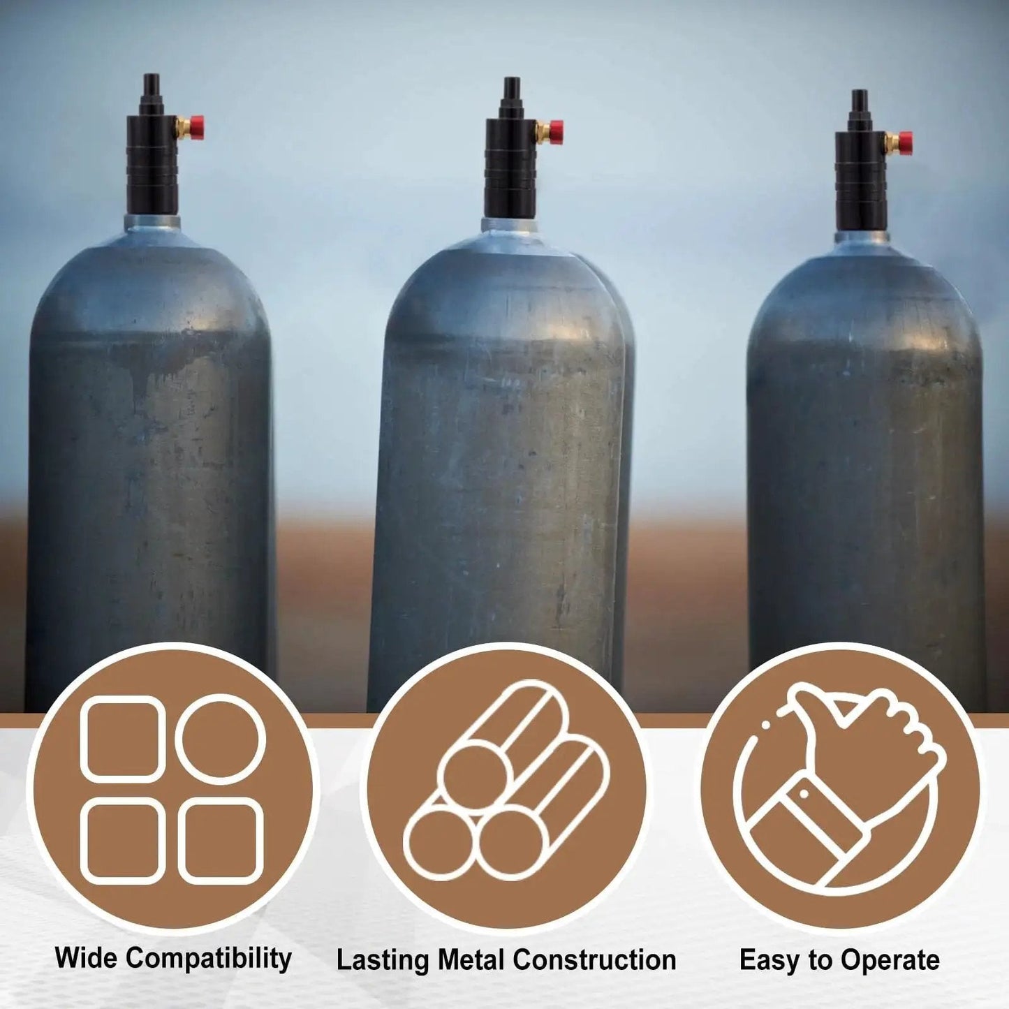 Three metal air cylinders with push button release for scuba gear with text highlighting features, compatible with Mini Pressure Regulator Valve For Water Tanks And Air Cylinders Portable Metal Air Regulator With Push Button Release Compatible With 640G 2.2L 3.3L And 4.4L Tanks Delivers Precise Air Pressure Control And Easy One Hand Operation