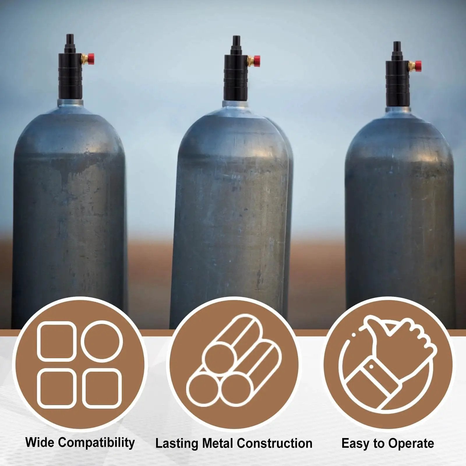 Three metal air cylinders with push button release for scuba gear with text highlighting features, compatible with Mini Pressure Regulator Valve For Water Tanks And Air Cylinders Portable Metal Air Regulator With Push Button Release Compatible With 640G 2.2L 3.3L And 4.4L Tanks Delivers Precise Air Pressure Control And Easy One Hand Operation
