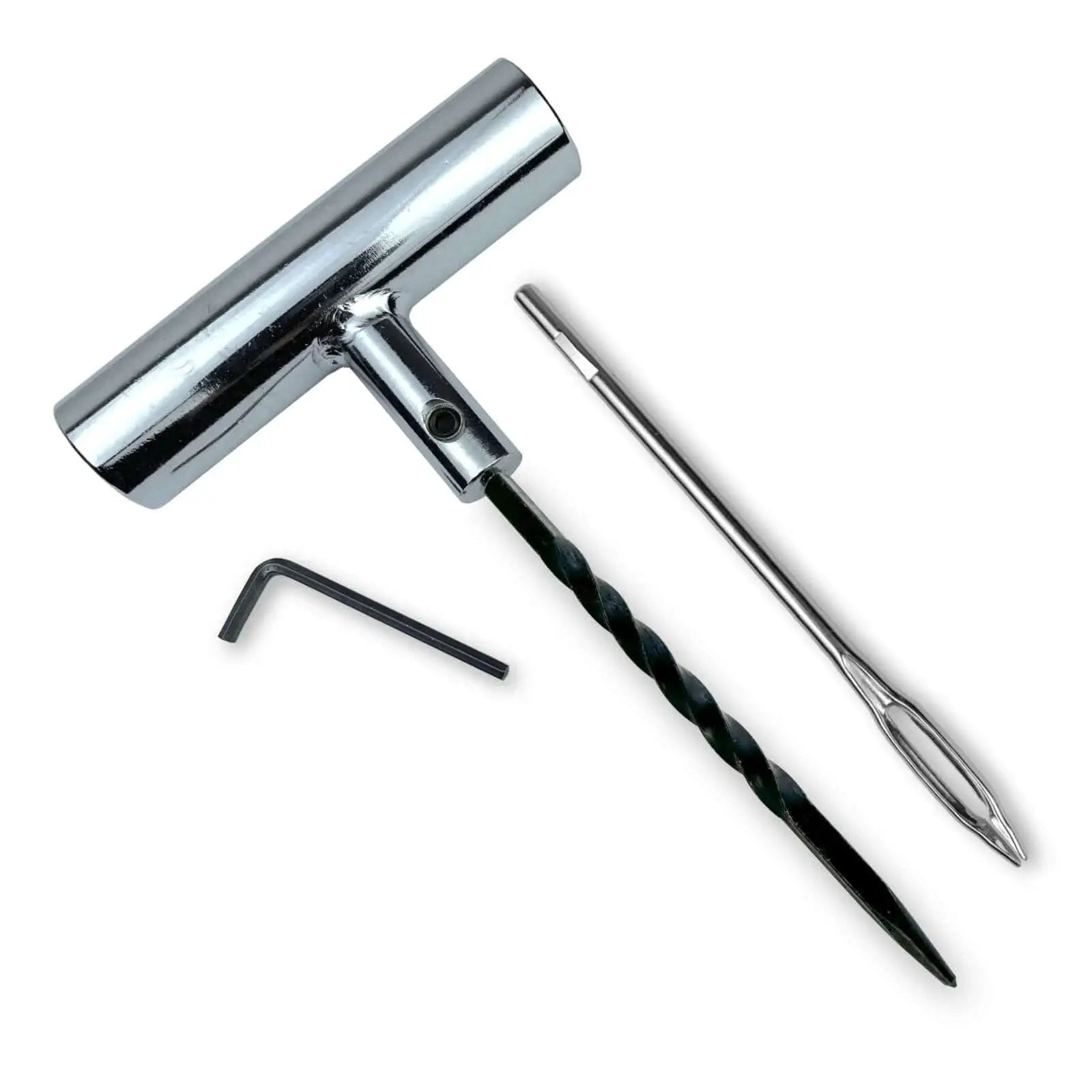 Metal T Handle Split Eye Needle Tire Plug Repair Tool With Hardened Steel Spiral Reamer And Allen Wrench For Quick Flat Tire Fix By TYK Industries Pro Grade set showing components: T-handle, reamer, needle, wrench.