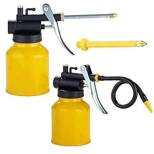 Two Pack Metal Yellow Pump Oil Can With Three Spouts For Precise Lubrication In Tight Gaps Flexible High Pressure Nozzle Ergonomic Curved Trigger Handle Durable Oiler Sprayer For Machinery Automotive DIY Projects And General Maintenance
