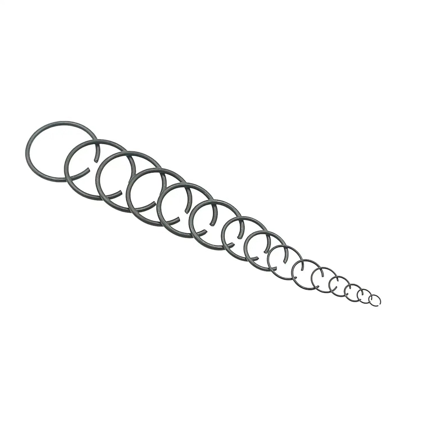 Assorted sizes of Metric Round Wire C Clips External Retaining Rings from 5mm to 28mm in black oxide carbon spring steel.