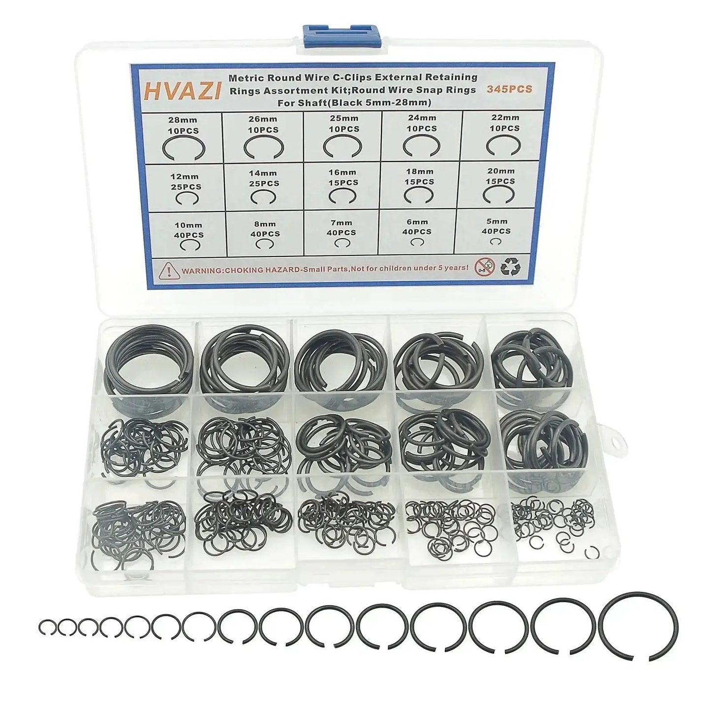 Metric Round Wire C Clips External Retaining Rings Assortment Kit, 345 pieces, 5mm-28mm, carbon spring steel, in clear box