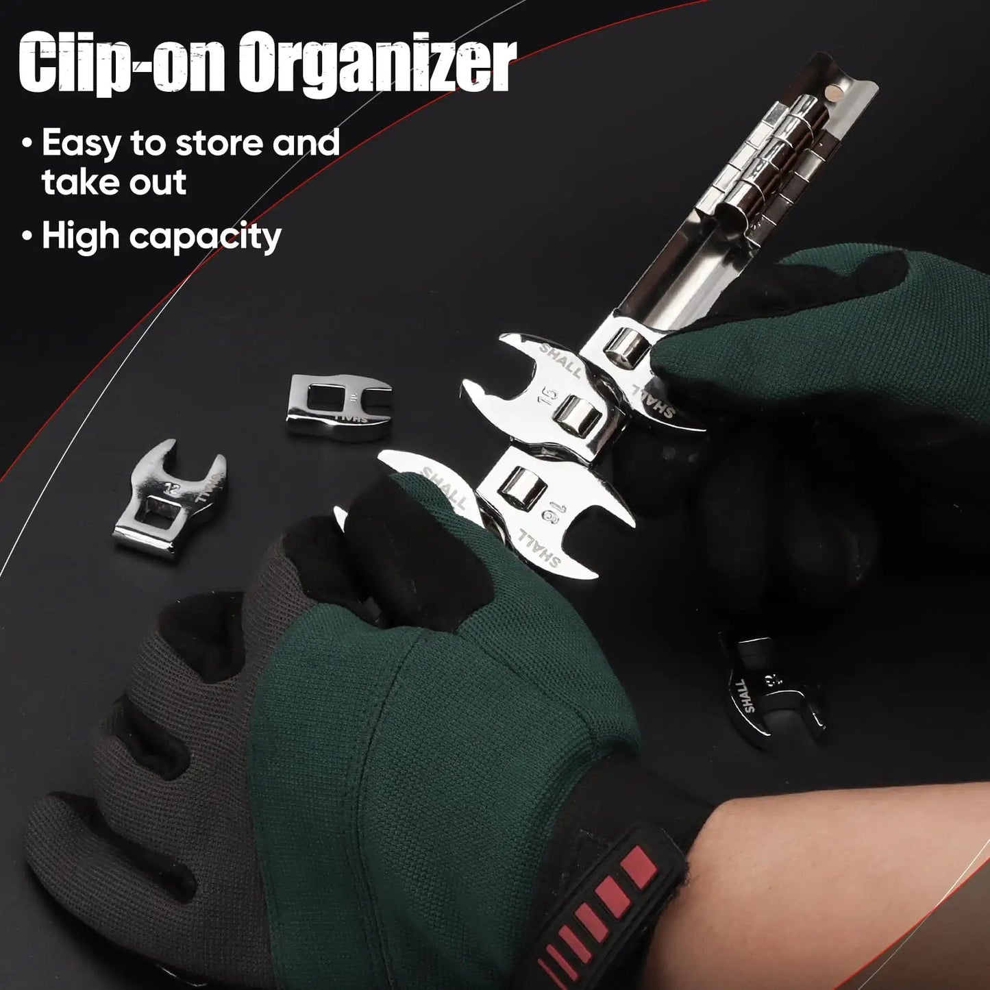 Close-up of hands holding 11 Piece Metric Crowfoot Wrench Set With Clip On Organizer For Tight Spaces, Includes 10 to 22 mm wrenches