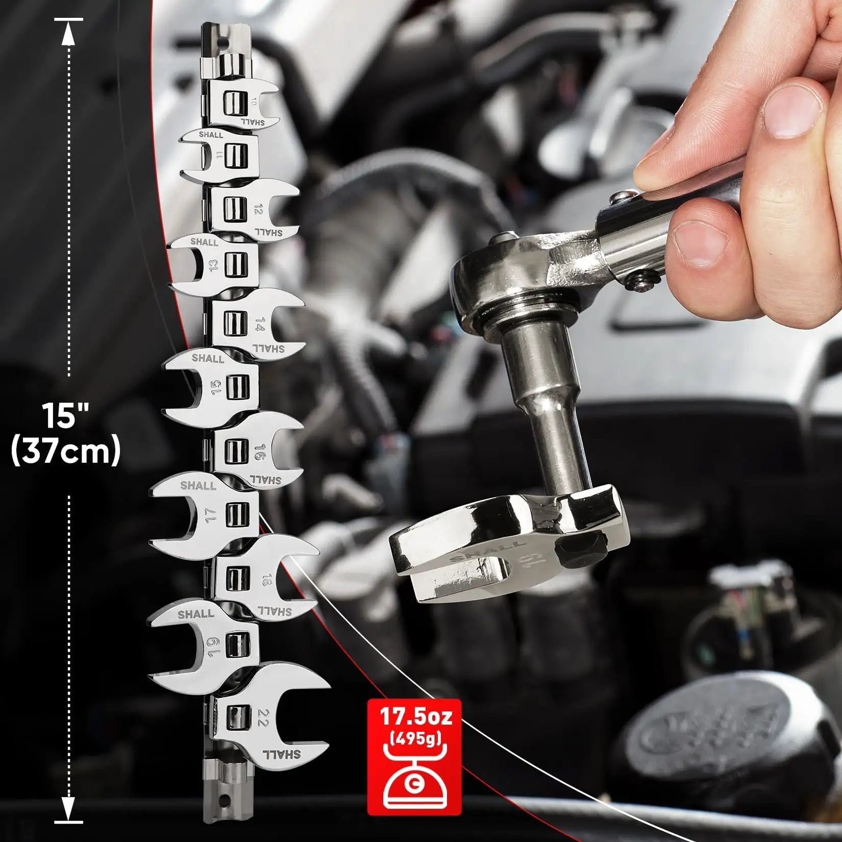 11 Piece Metric Crowfoot Wrench Set With Clip On Organizer, sizes 10-22 mm displayed with hand-held wrench in auto repair setting