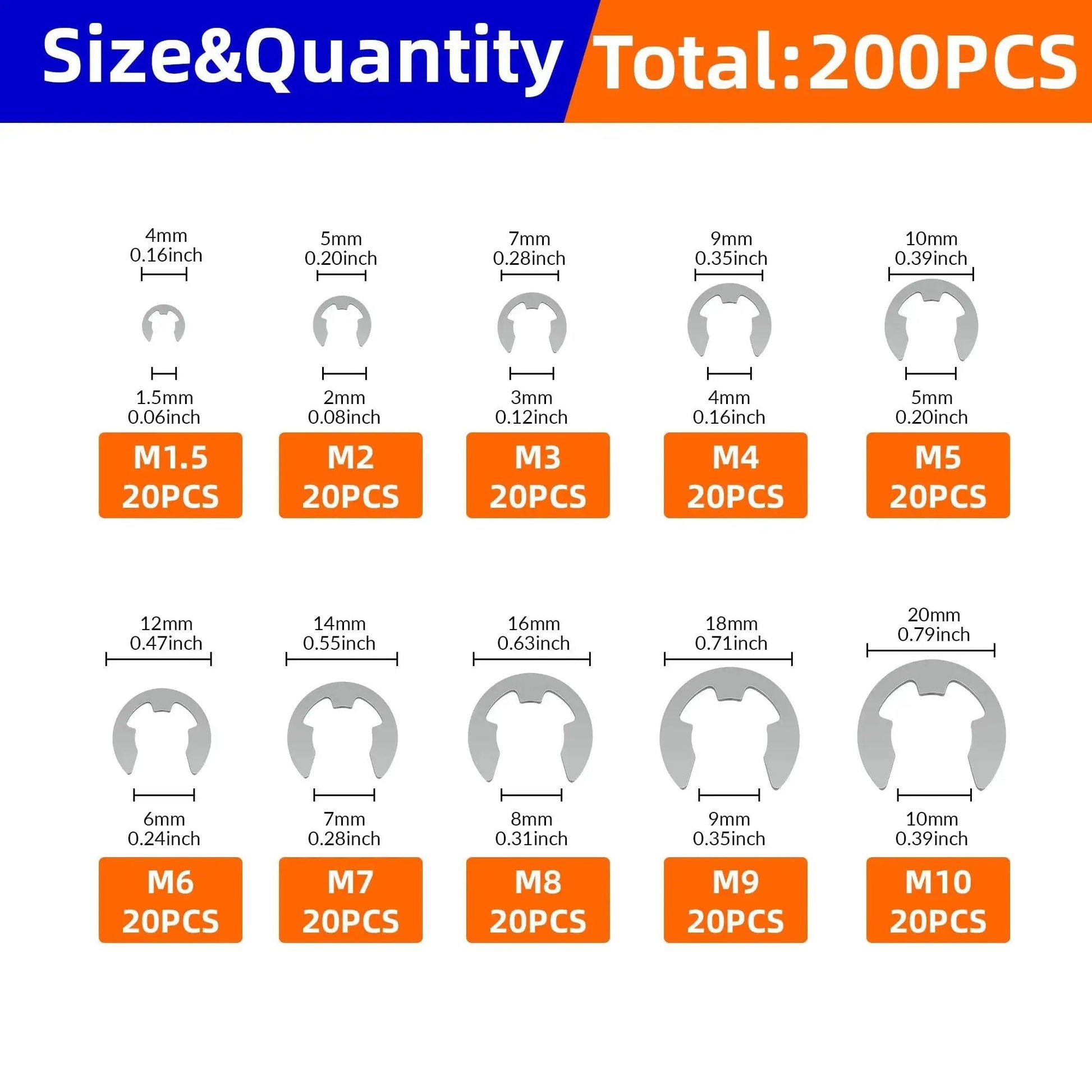 Diagram showing sizes of 200 Piece Metric E Clips Assortment Kit With 304 Stainless External Retaining Rings M1.5 To M10 Circlips