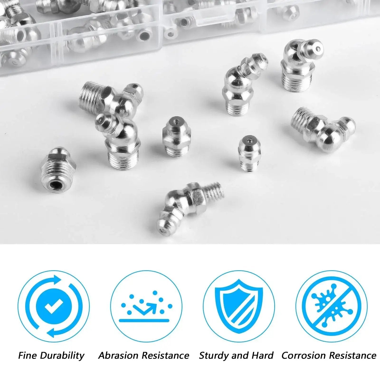 70 pcs metric grease fittings assortment kit featuring M6 M8 M10 zerk fittings in 90 degree and 45 degree angles for automotive use