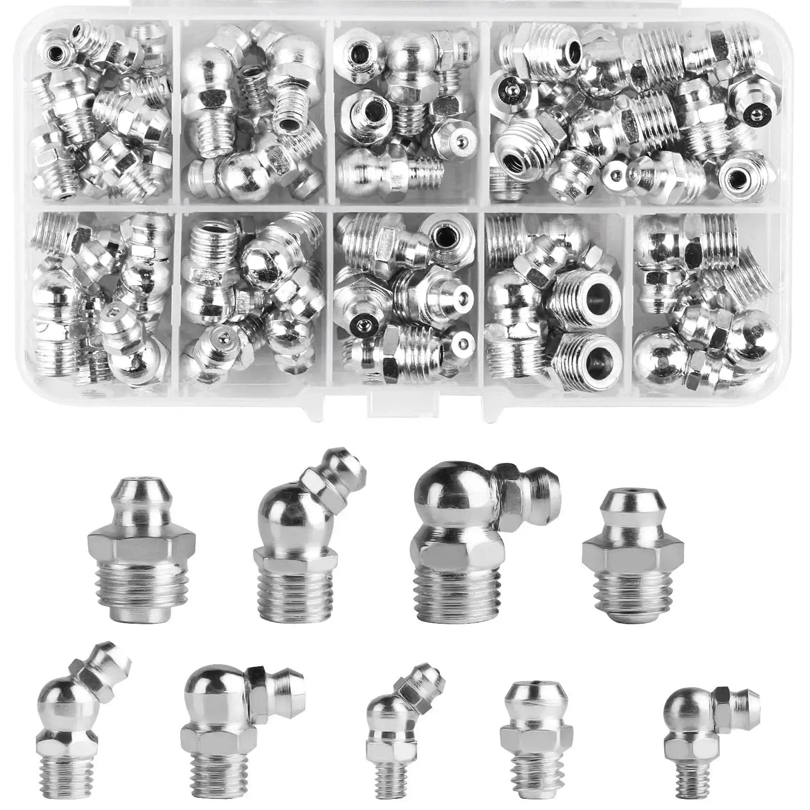 70 Pcs Metric Grease Fittings Assortment Kit Featuring M6 M8 M10 Zerk Fittings In 90 Degree And 45 Degree And Straight Angles For Automotive