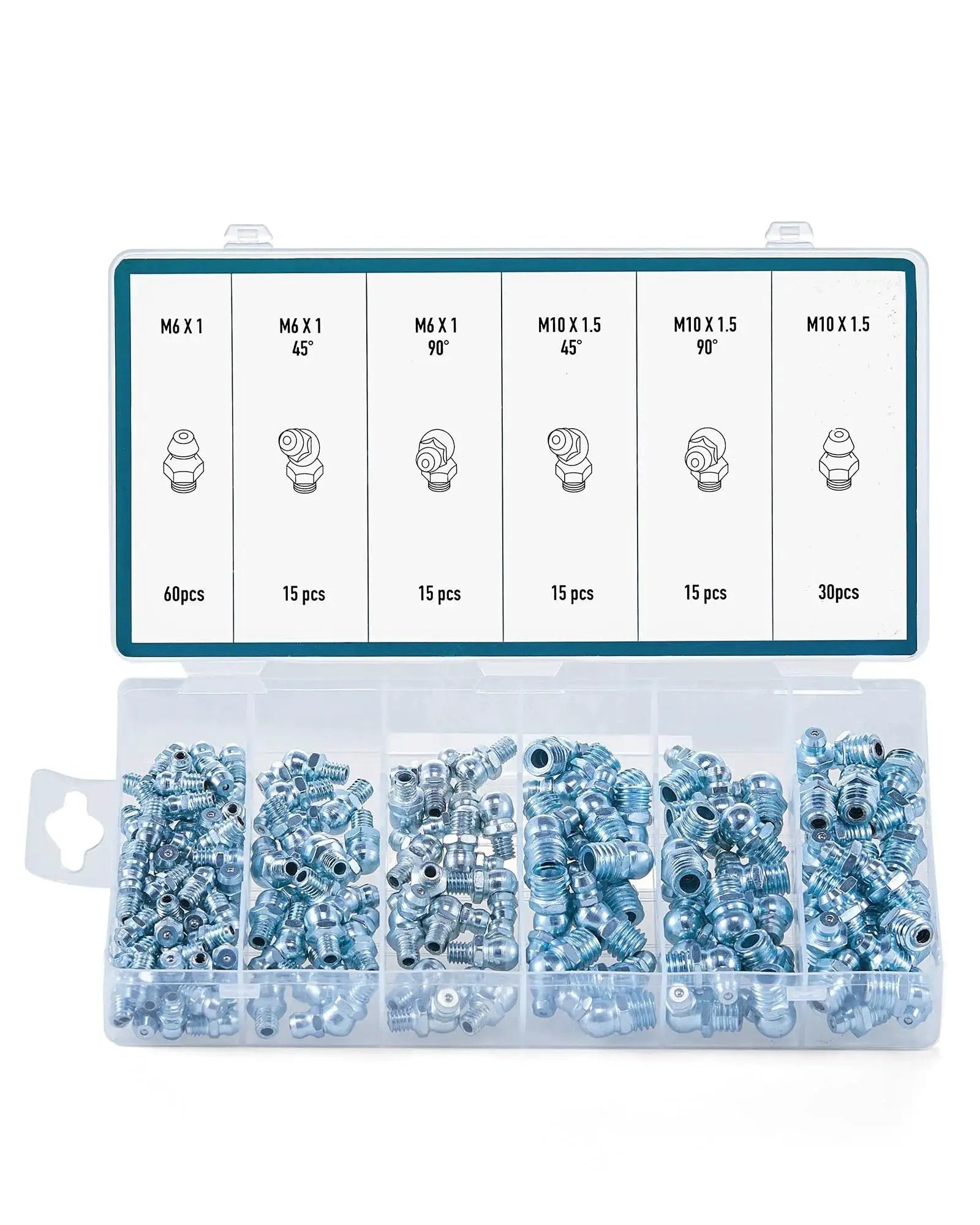 All In One 150 Piece Metric Grease Fittings Kit With M6 M10 Straight And 45 Degree And 90 Degree Angled Hydraulic Zerk Assortment In Galvanized Steel For Replacing Missing Or Broken Nipples In Automotive And Industrial Use ZELCAN displayed in a box