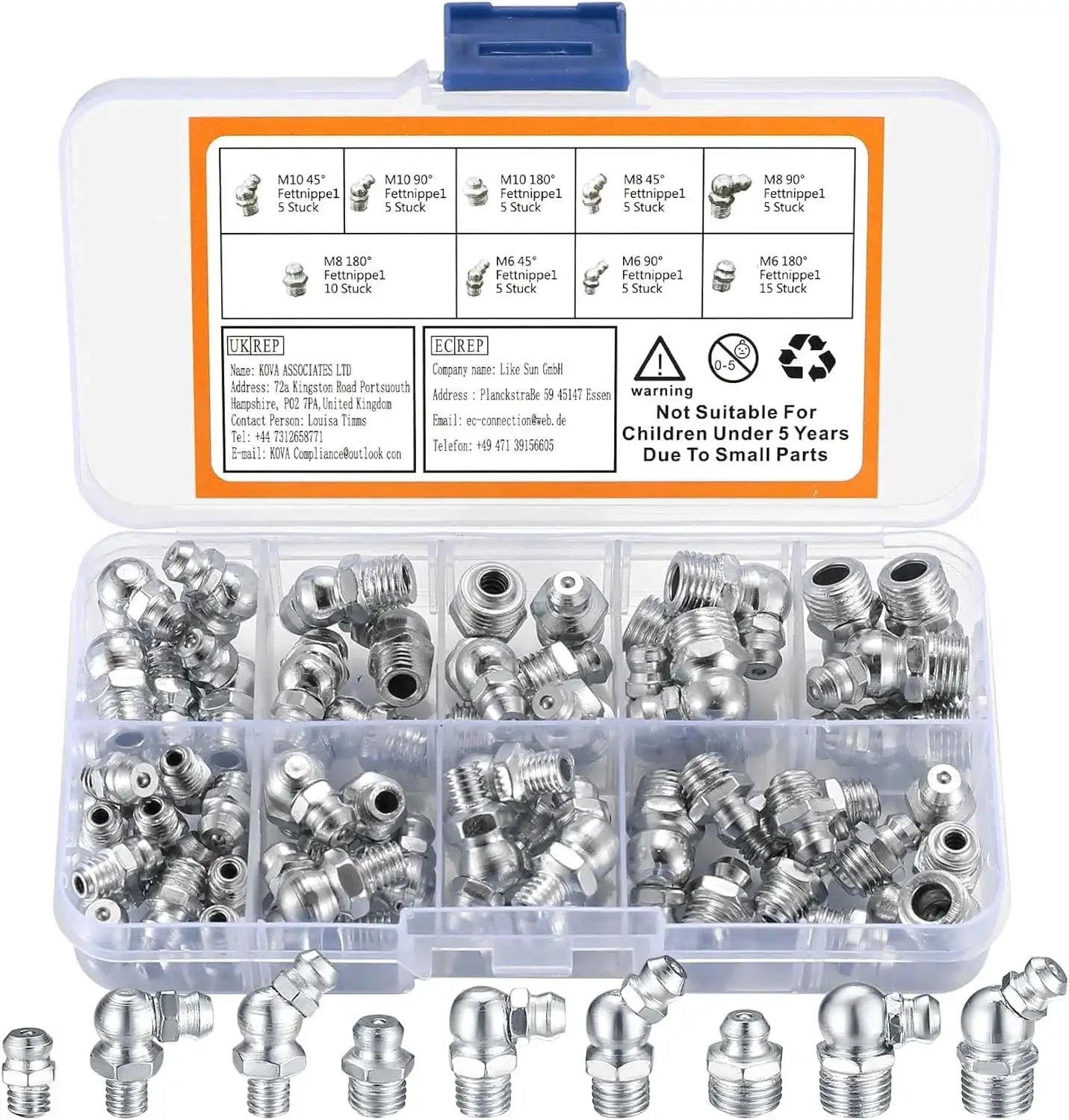 60 Piece Metric Grease Fittings Kit for Grease Guns and Mechanical Lubrication Pro Grade Heavy Duty Zerk Fittings in plastic case