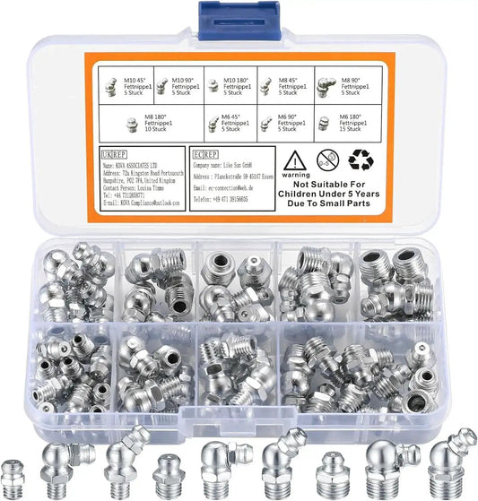 60 Piece Metric Grease Fittings Kit for Grease Guns and Mechanical Lubrication Pro Grade Heavy Duty Zerk Fittings in plastic case