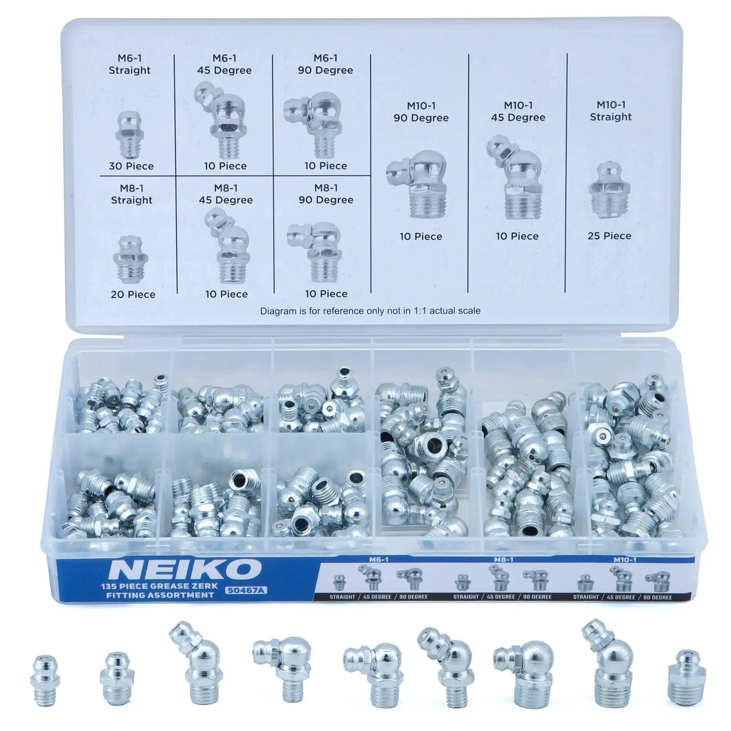 Grease Fittings Kit With 135-Piece Metric Zerk Assortment For M6-1, M8-1, M10-1.5, Pro Grade Straight And Angled Zerks, Zinc Plated A3 Steel