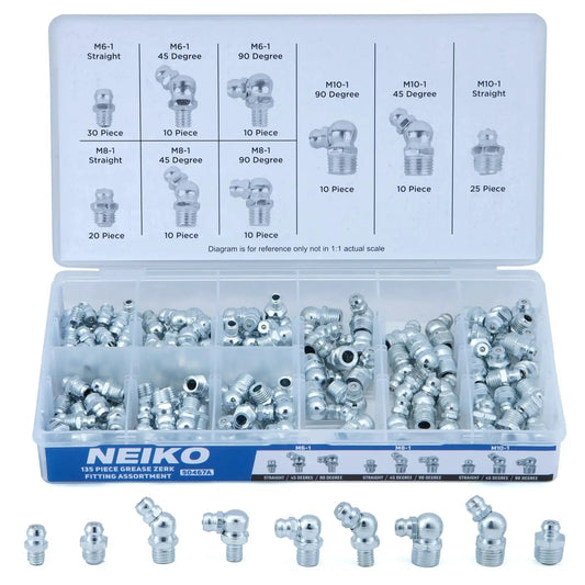 Grease Fittings Kit With 135-Piece Metric Zerk Assortment For M6-1, M8-1, M10-1.5, Pro Grade Straight And Angled Zerks, Zinc Plated A3 Steel