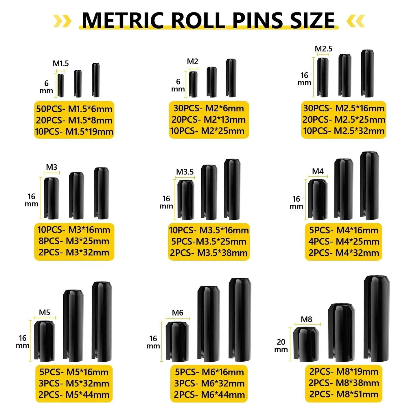 Chart showing sizes of 274 Piece Roll Pin Set Slotted Metric Pins 65Mn Steel M1.5 M2 M2.5 M3 M3.5 M4 M5 M6 M8