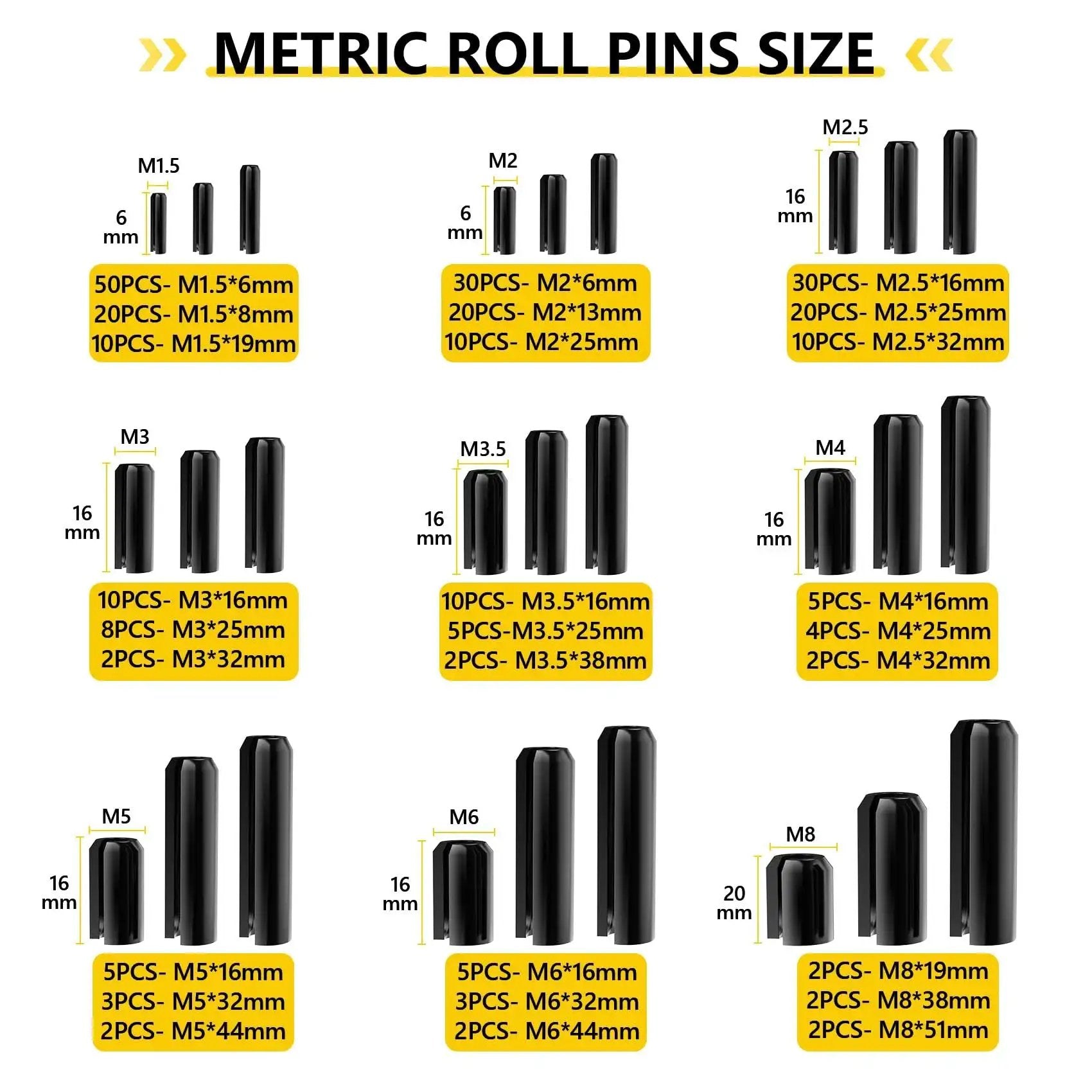 Chart showing sizes of 274 Piece Roll Pin Set Slotted Metric Pins 65Mn Steel M1.5 M2 M2.5 M3 M3.5 M4 M5 M6 M8
