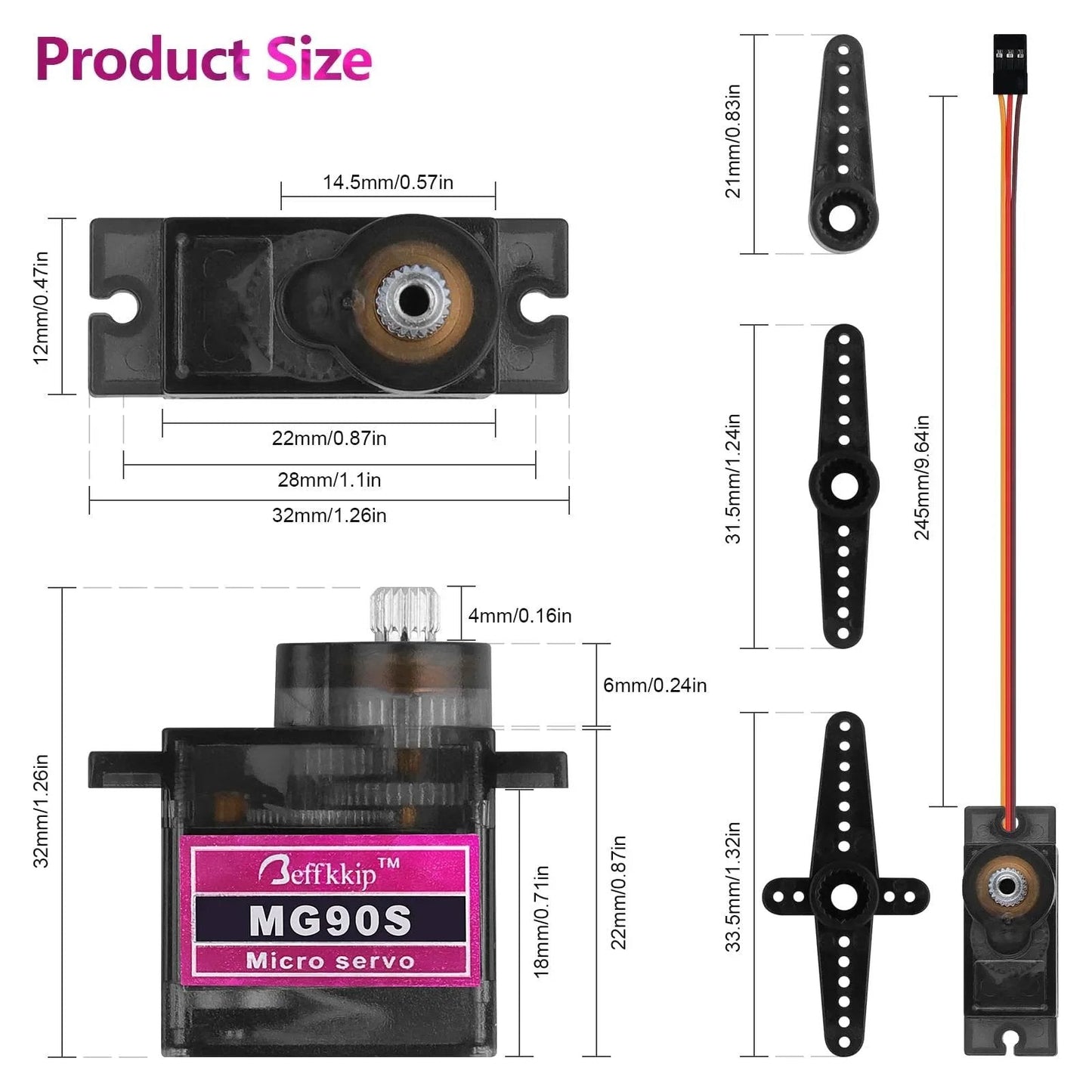 4PCS MG90S 9g Micro Servo Motor Metal Gear for RC Robot Car Plane Helicopter Mini Servos for Arduino Project with dimensions