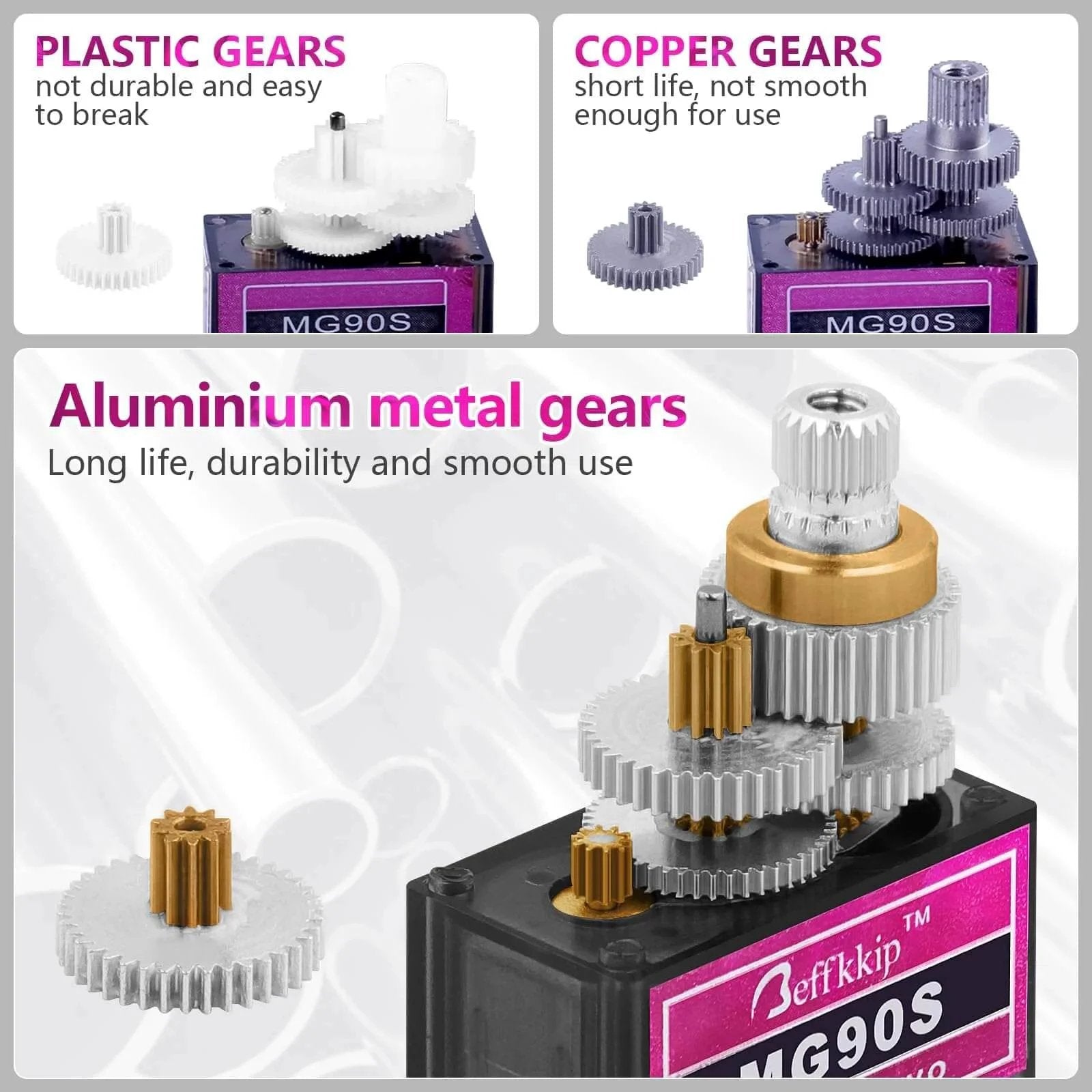 Close-up of 4PCS MG90S 9g Micro Servo Motor Metal Gear for RC Robot Car Plane Helicopter Mini Servos showcasing aluminum gears.