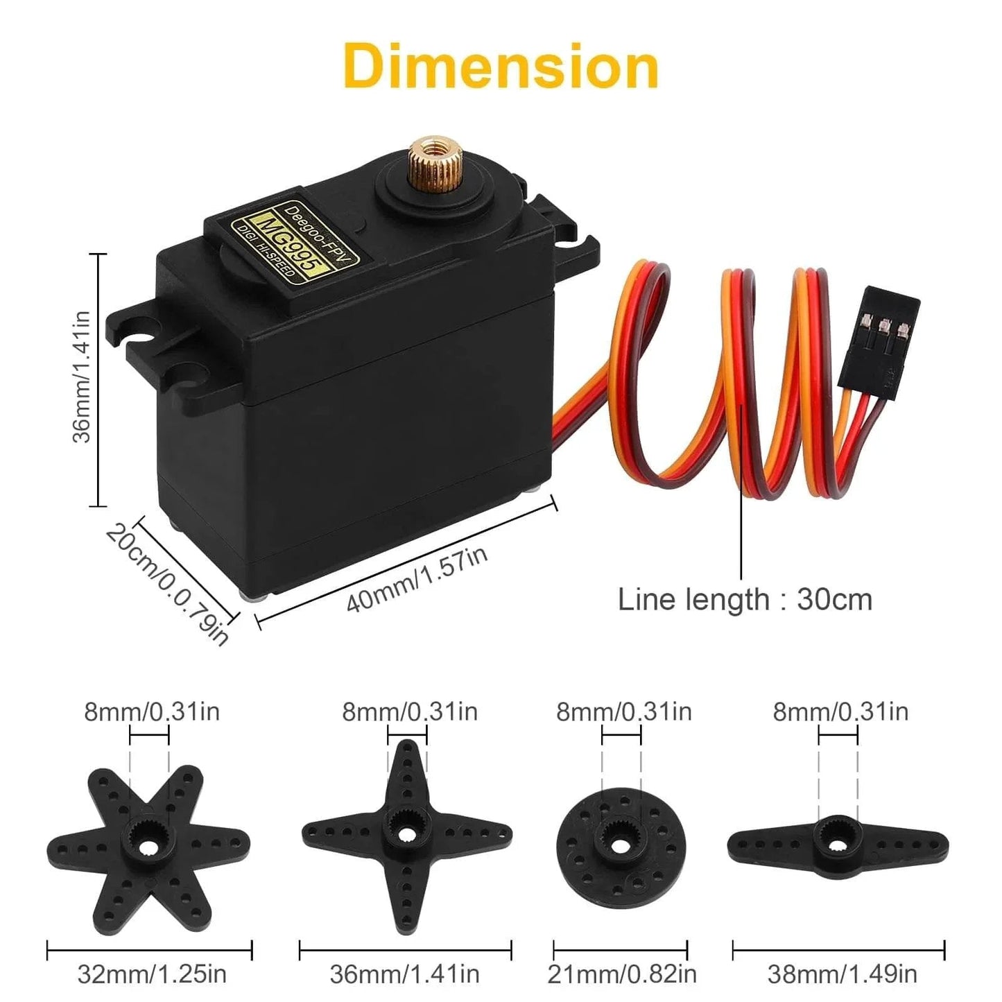 4-Pack Servo Motor MG995 Control Angle180 Metal Gear Servo 13KG Digital High Speed Torque Servo Motor for DIY, with dimensions and attachments shown.