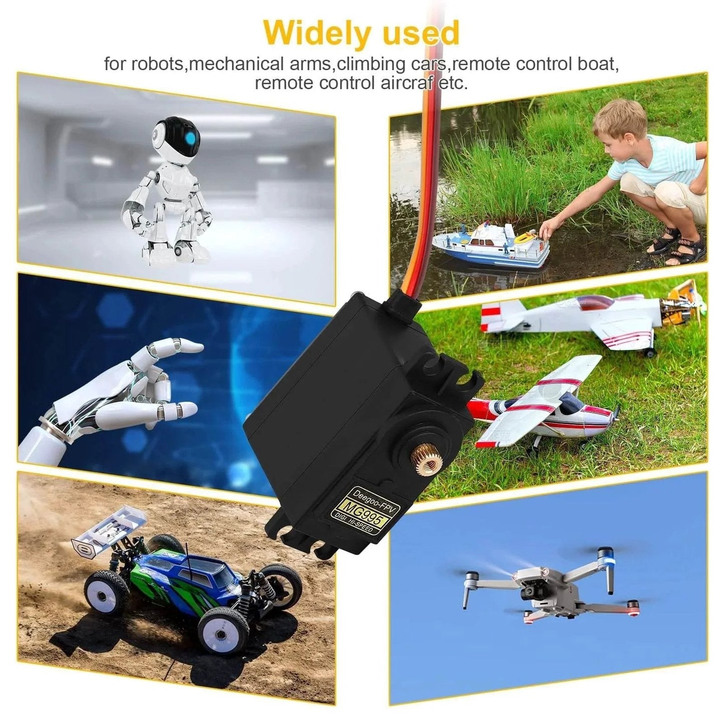 4-Pack Servo Motor MG995 Control Angle180 Metal Gear Servo 13KG Digital High Speed Torque Servo Motor for DIY use shown with robot and RC toys.