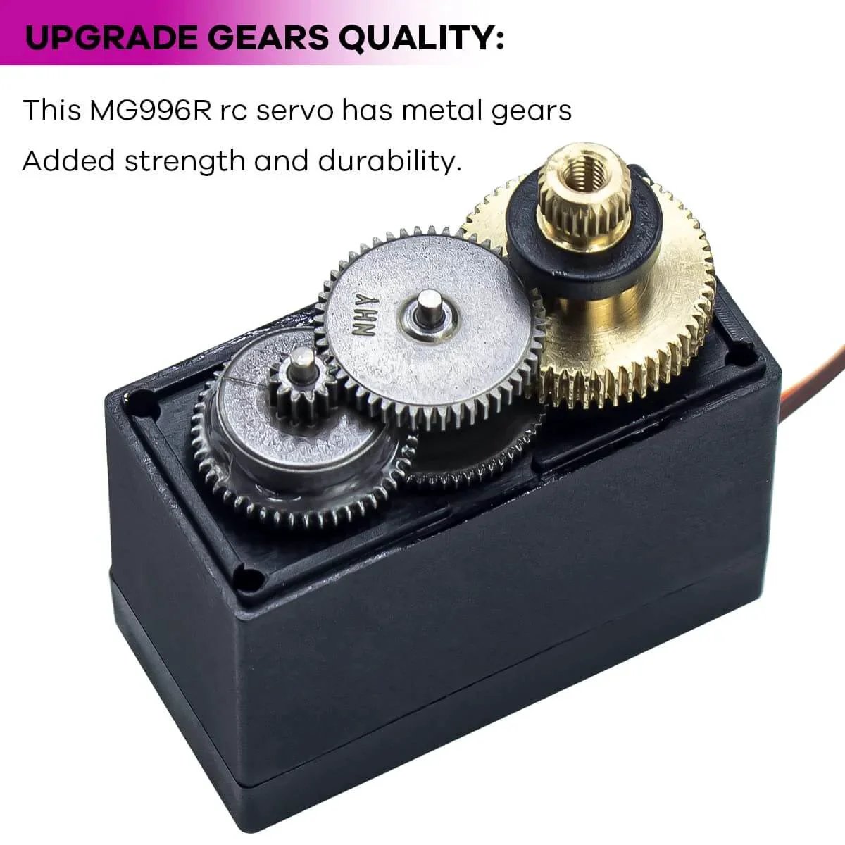 Close-up of MG996R servo metal gears showing durability and quality in 4Pack MG996R 55g Digital RC Servo Motors High Torque Metal Gear Servo.