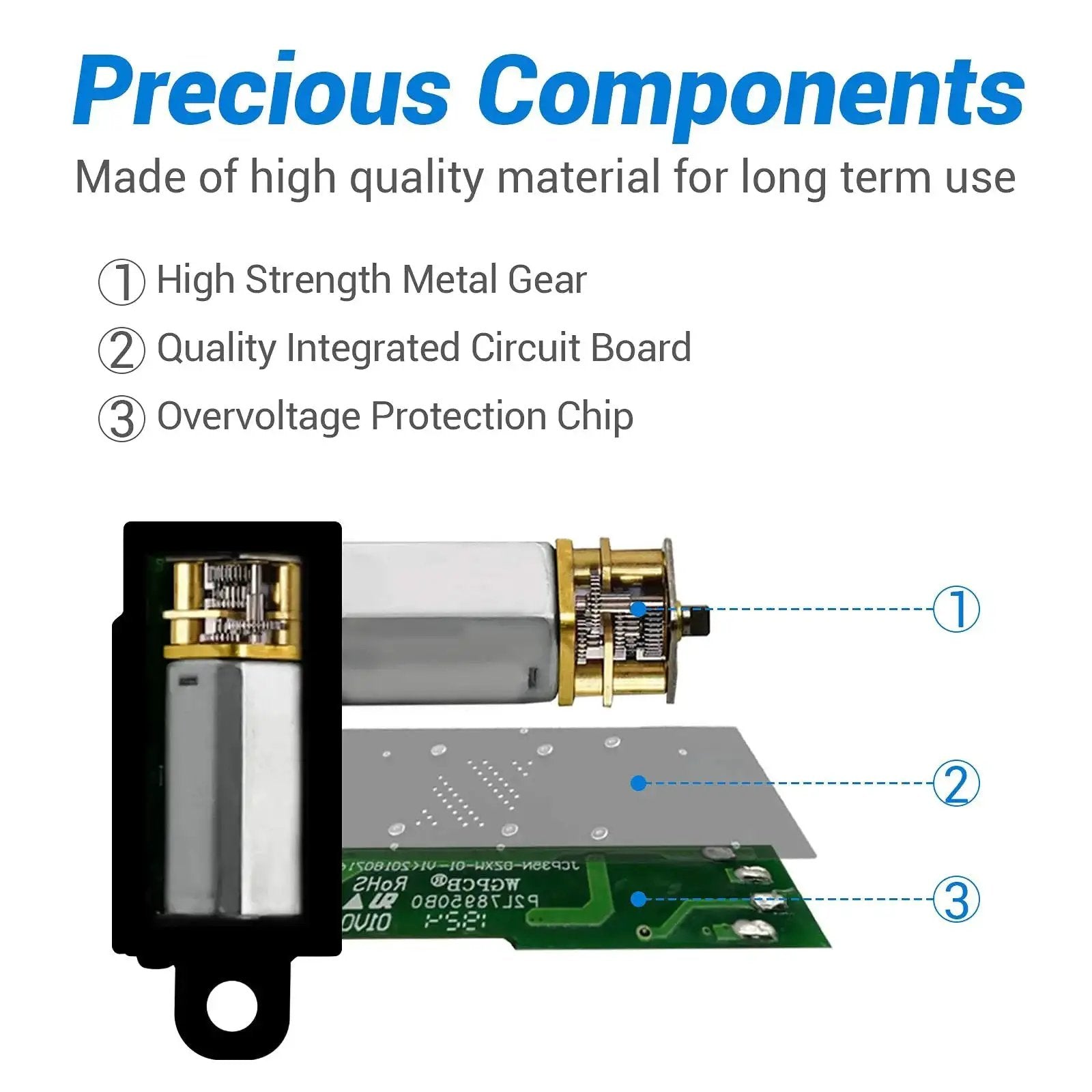 Internal components of 12V Micro Linear Actuator With 1.2 Inch Stroke 64N 14.4Lb Lift, featuring metal gear, circuit board, and protection chip