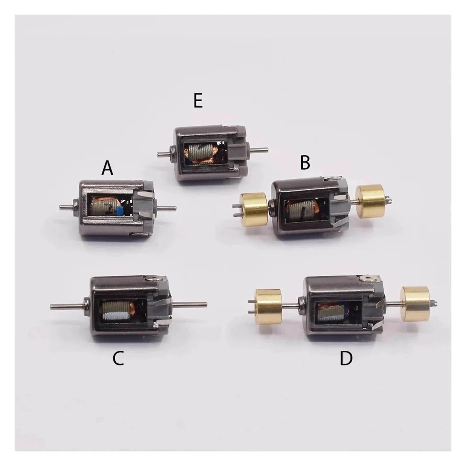 Five Micro Mini 10mm*15mm Electric Motor DC 6V-12V 26800RPM High Speed 1.5mm Dual Shaft units displayed on a surface.