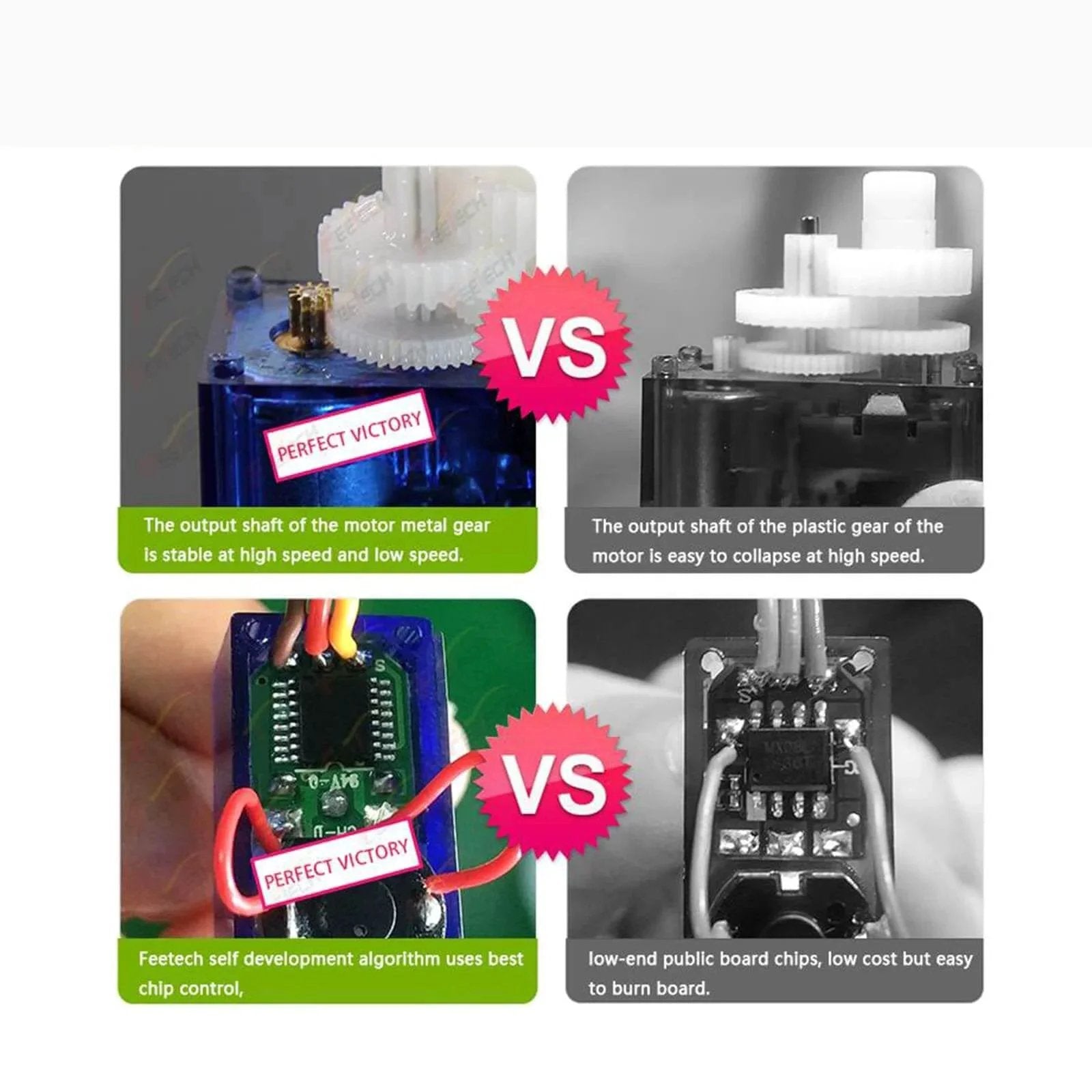 Comparison of motor gears and circuit boards highlighting the 360 Degree Continuous Rotation Micro Servo Motor 9g Servo for RC.