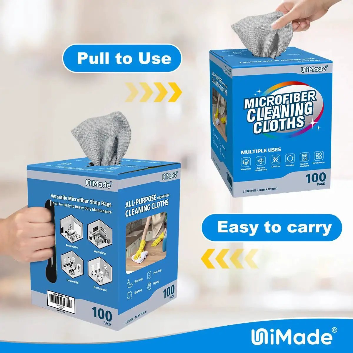 Box of Microfiber Cleaning Cloths 100 Sheets 11x9 Grey Lint Free For Garage Auto Care, with a hand pulling a cloth out.