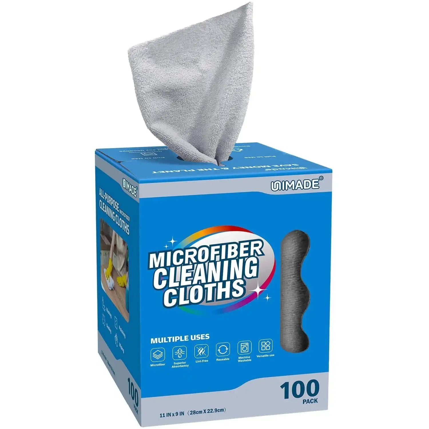 Microfiber Cleaning Cloths 100 Sheets 11x9 Grey Lint Free For Garage Auto Care in blue packaging box