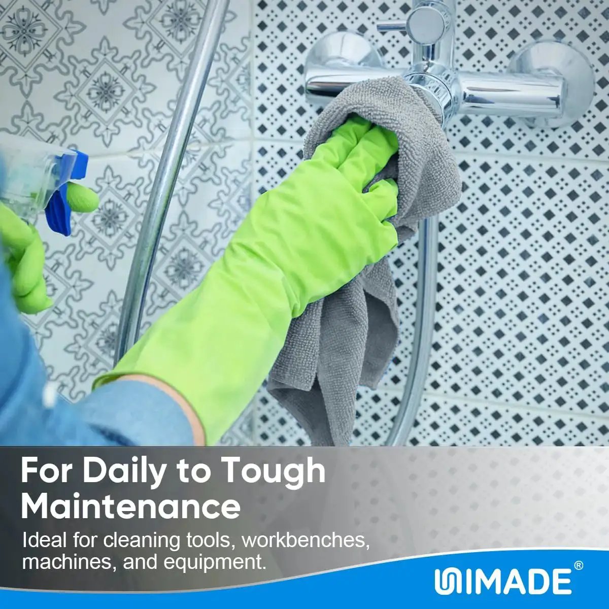 Person cleaning a shower tap with Microfiber Cleaning Cloths 100 Sheets 11x9 Grey Lint Free For Garage Auto Care