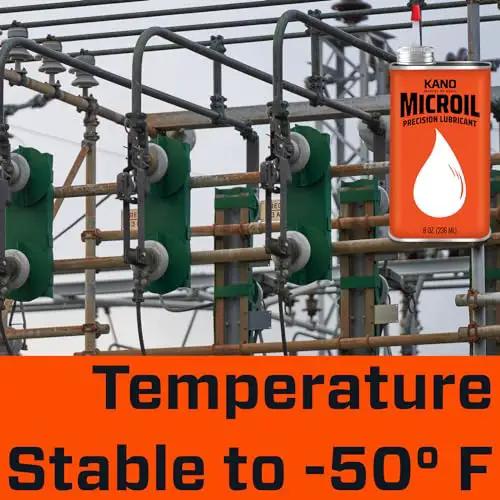 Kroil Microil low viscosity drip oil for small mechanisms with temperature stability to -50°F, shown near machinery.