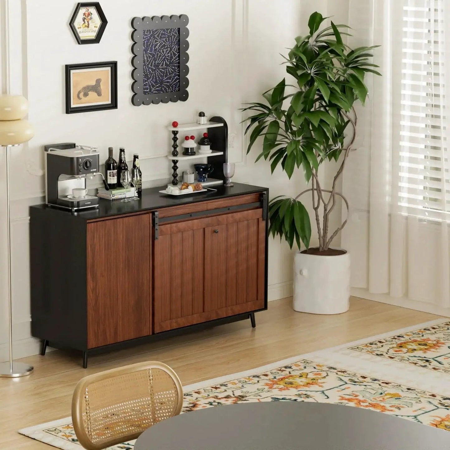 Stylish kitchen sideboard set in a modern room with a potted plant and wall art