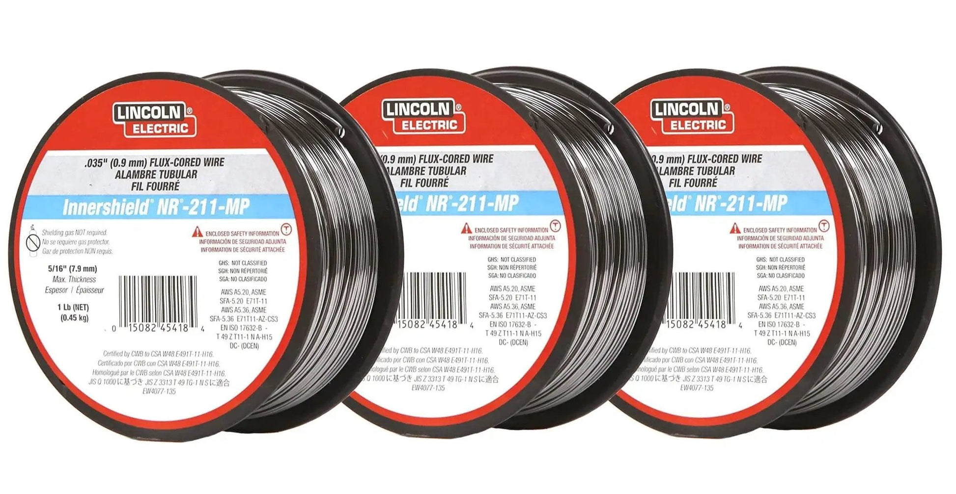 Three spools of MIG Welding Wire 0.035 NR-211 MP Flux Core for Mild Steel All Position With Smooth Bead Welds By Lincoln Electric