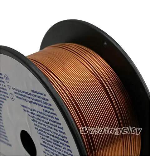 Mild Steel MIG Welding Wire ER70S-6 10 Lb Copper Coated Spool 0.030 Inch close-up on spool side view, 8 Inch Spool for GMAW, welding preparation