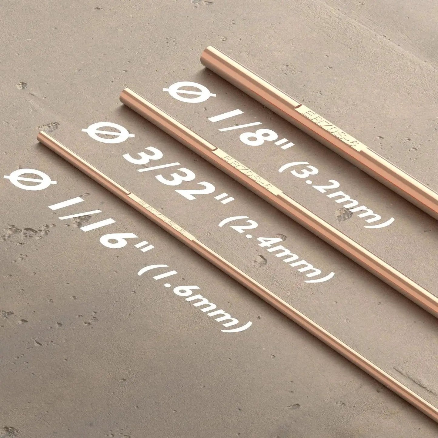 ER70S-6 Mild Steel TIG Filler Rod Copper Coated 3 32nd Inch Diameter in comparison with other sizes