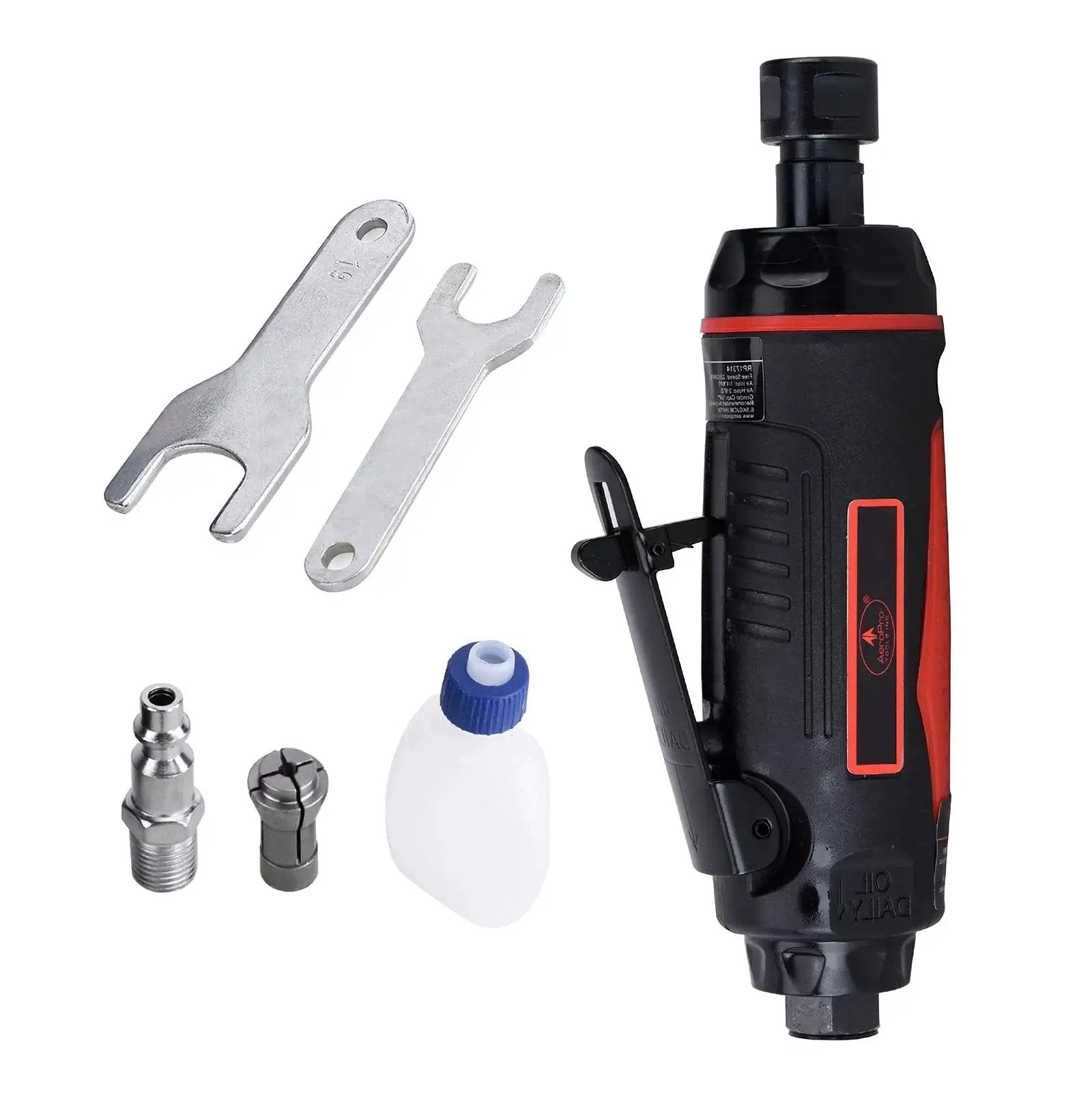 1/4 Inch Mini Air Straight Die Grinder AP17314 with accessories, 22000 RPM, handheld tool for grinding and polishing, safety throttle shown.