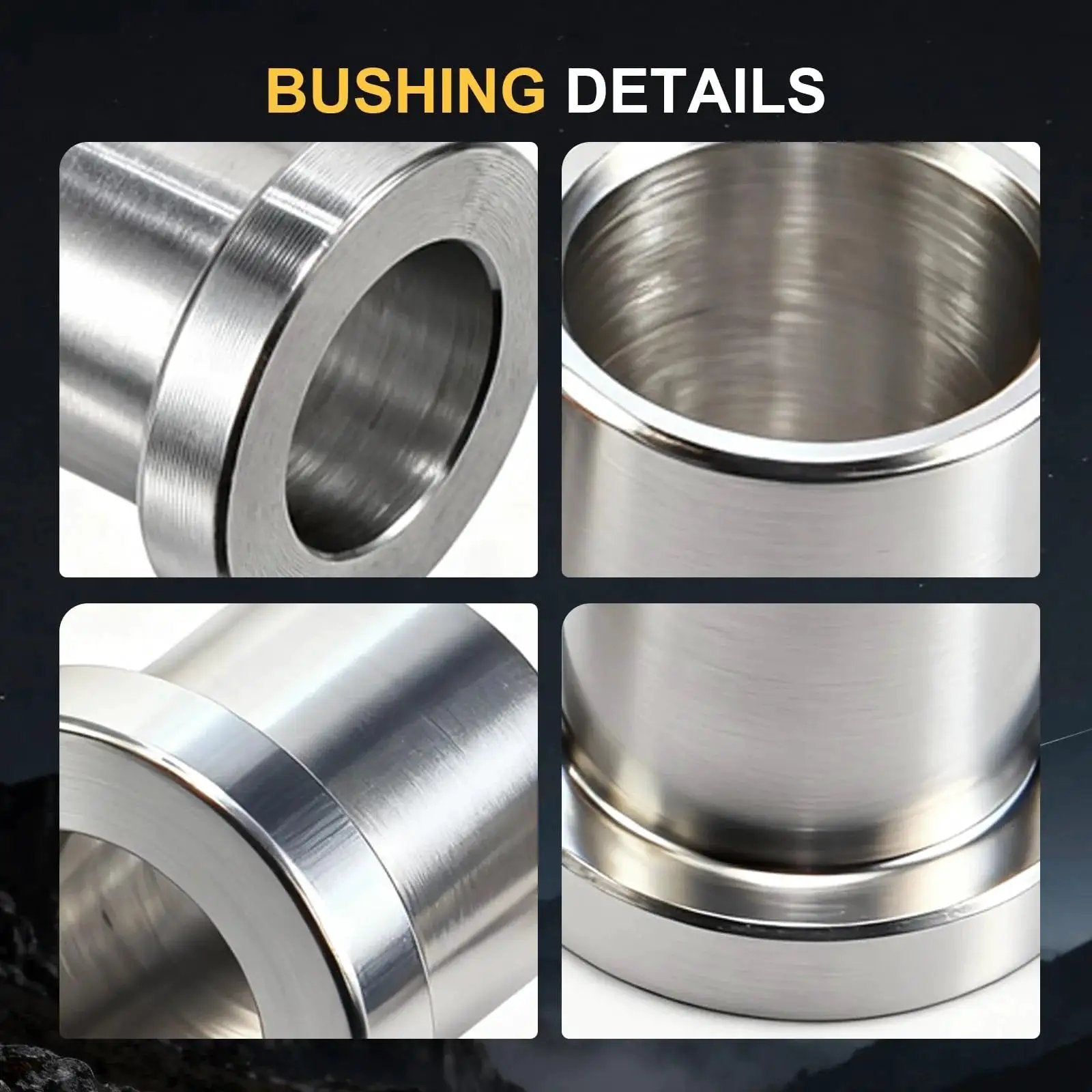Close-up of four-pack five eighths to twelve millimeter adapter sleeve bearing reducer bushing for mini bike axle in heavy-duty galvanized iron