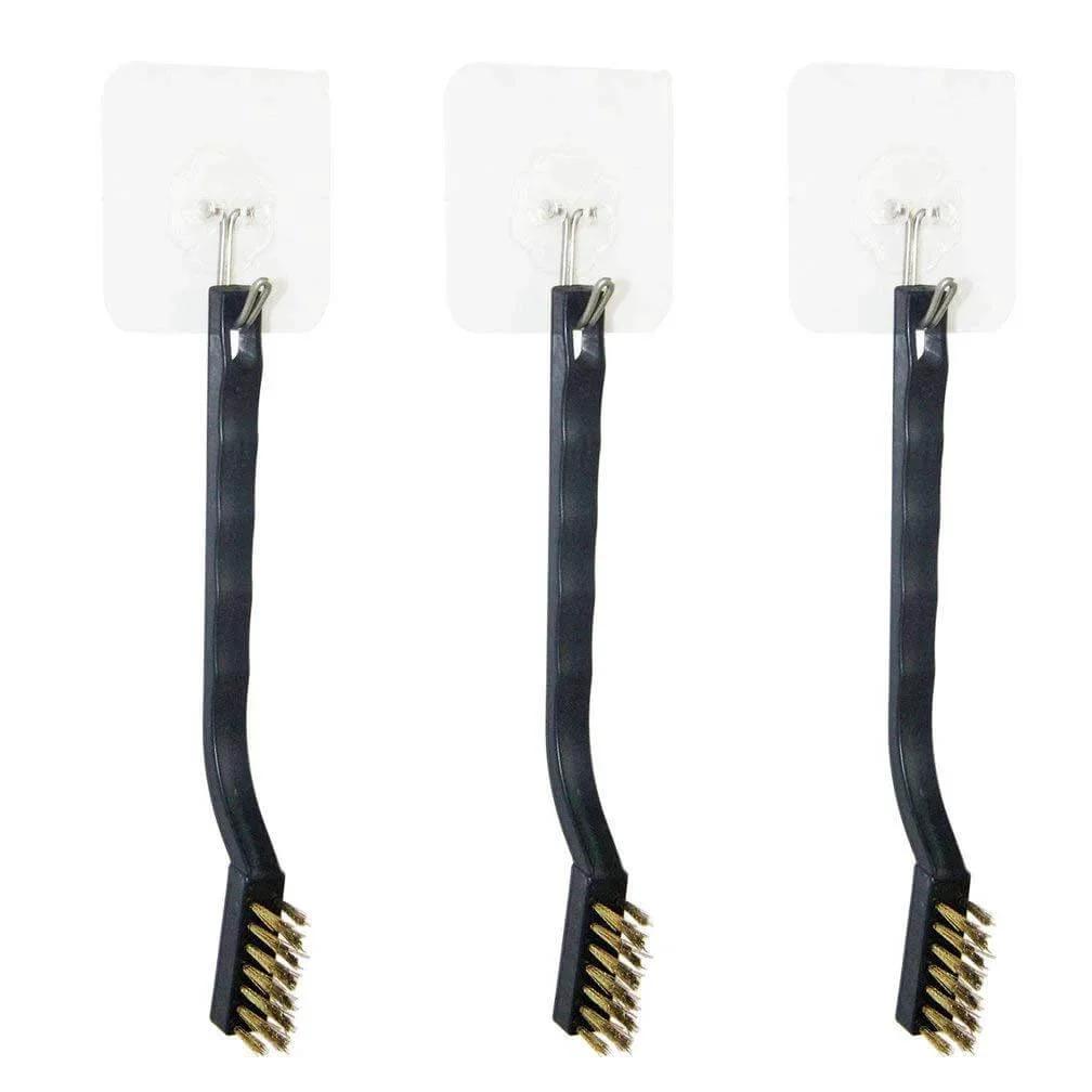 9PCS MINI Brass Brushes Set with curved handles hanging on hooks, visible bristles for cleaning welding slag and rust removal
