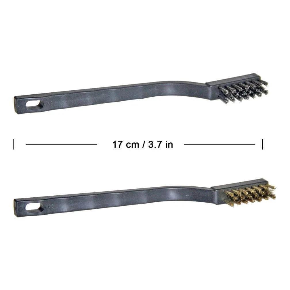 9PCS MINI Brass Brushes Set with curved handle, side view showing 17 cm length and brass bristles for cleaning welding slag and rust