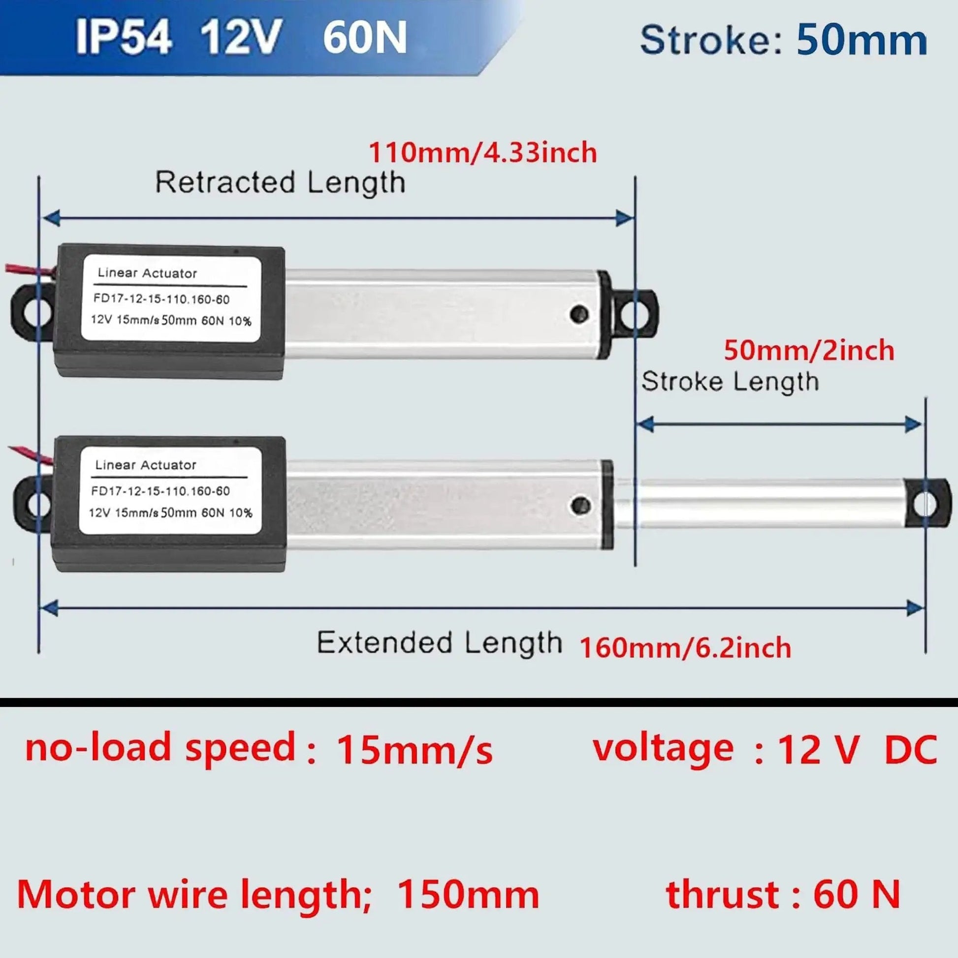 Diagram of Mini Electric Linear Actuator AWINLI 12V 2 Inch Stroke, 60N 13.4Lb Load, showing dimensions and specifications