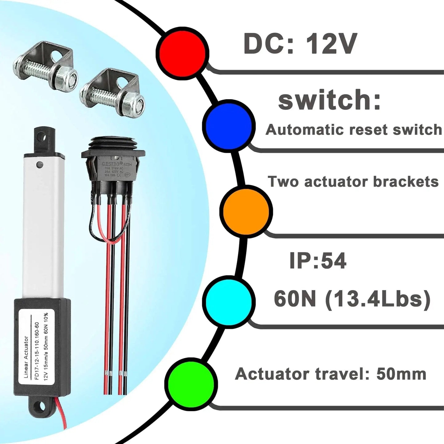 Mini Electric Linear Actuator AWINLI 12V 2 Inch Stroke, shown with mounting bracket, control switch, and specs like 60N load, IP54.