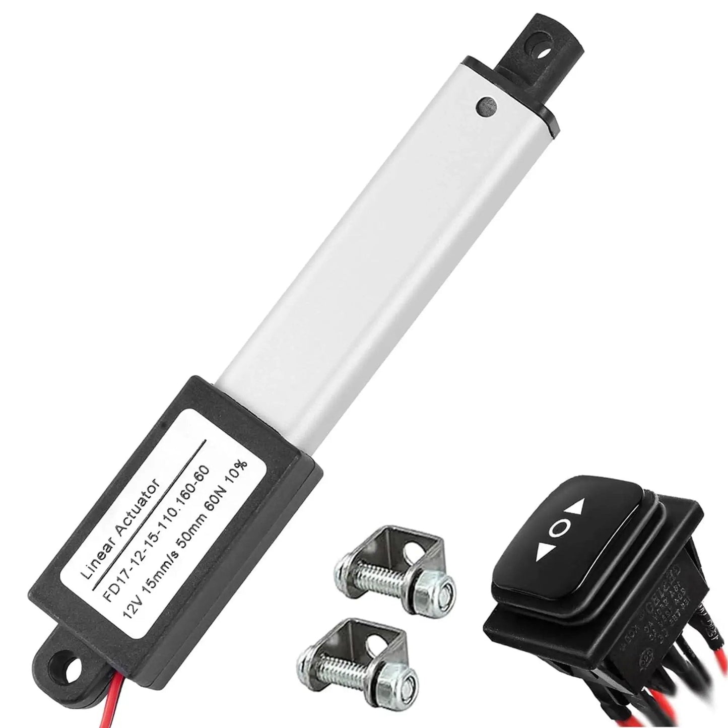 Mini Electric Linear Actuator AWINLI 12V 2 Inch Stroke shown with mounting bracket and control switch, aluminum body.