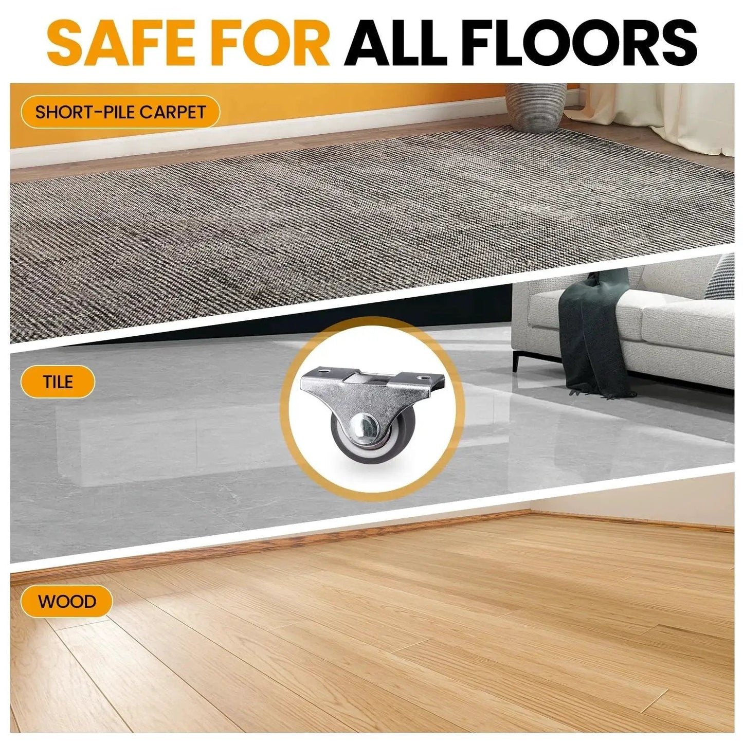 Mini Fixed Casters Set Of 4 With Rubber Wheels And Bearings 130 Lbs Capacity safe for carpet, tile, and wood floors.