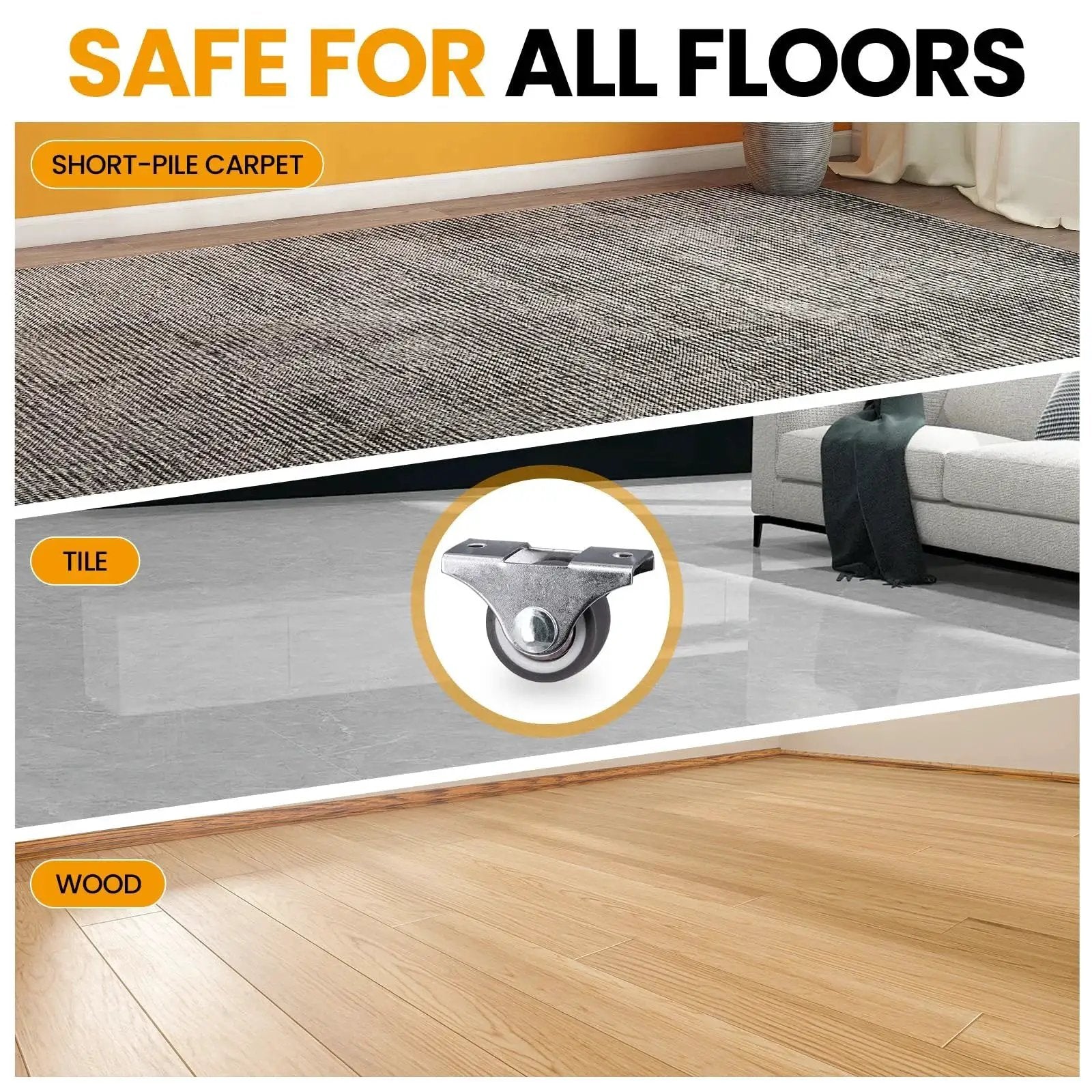 Mini Fixed Casters Set Of 4 With Rubber Wheels And Bearings 130 Lbs Capacity safe for carpet, tile, and wood floors.
