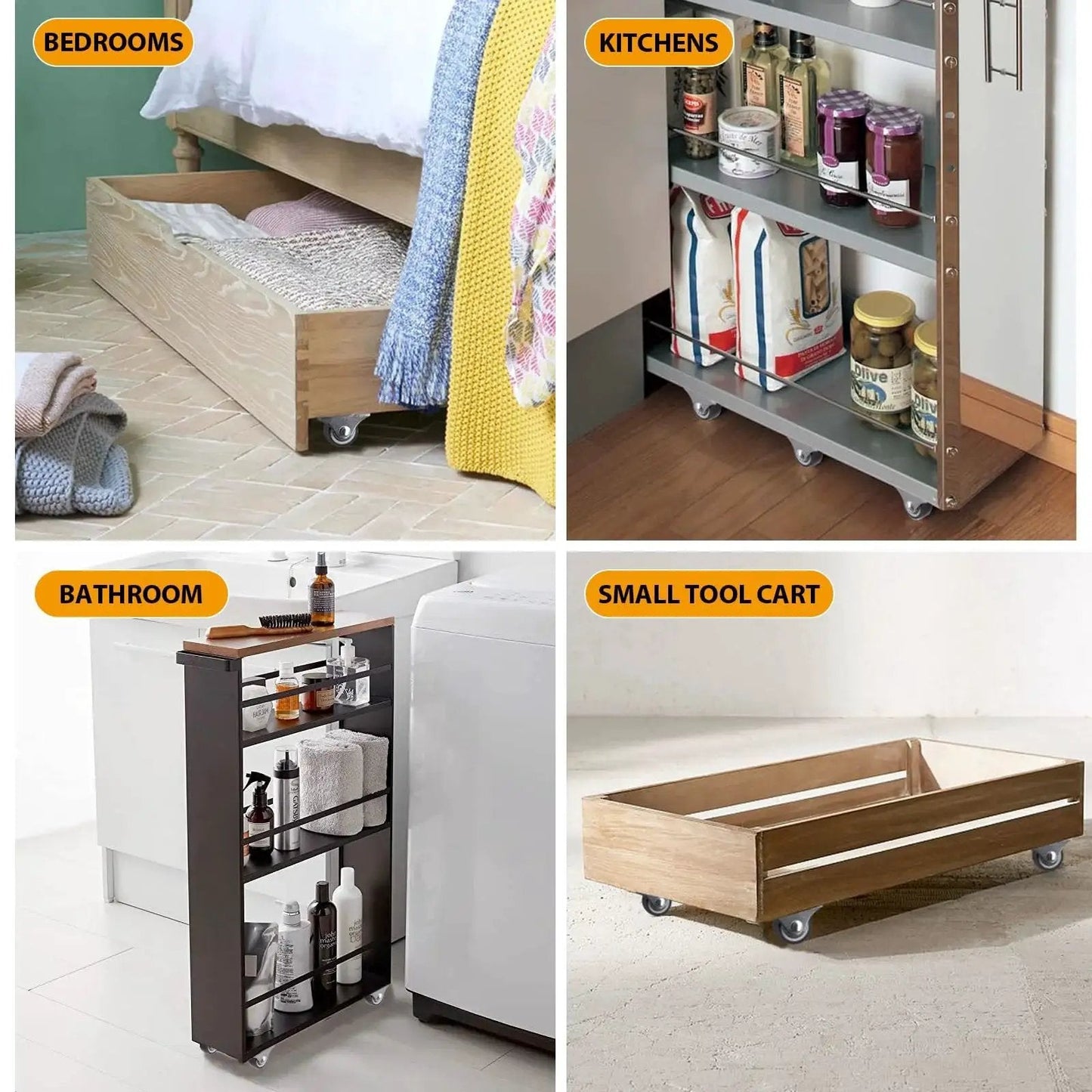 Mini Fixed Casters Set Of 4 With Rubber Wheels And Bearings 130 Lbs Capacity shown on furniture and shelving for various uses.