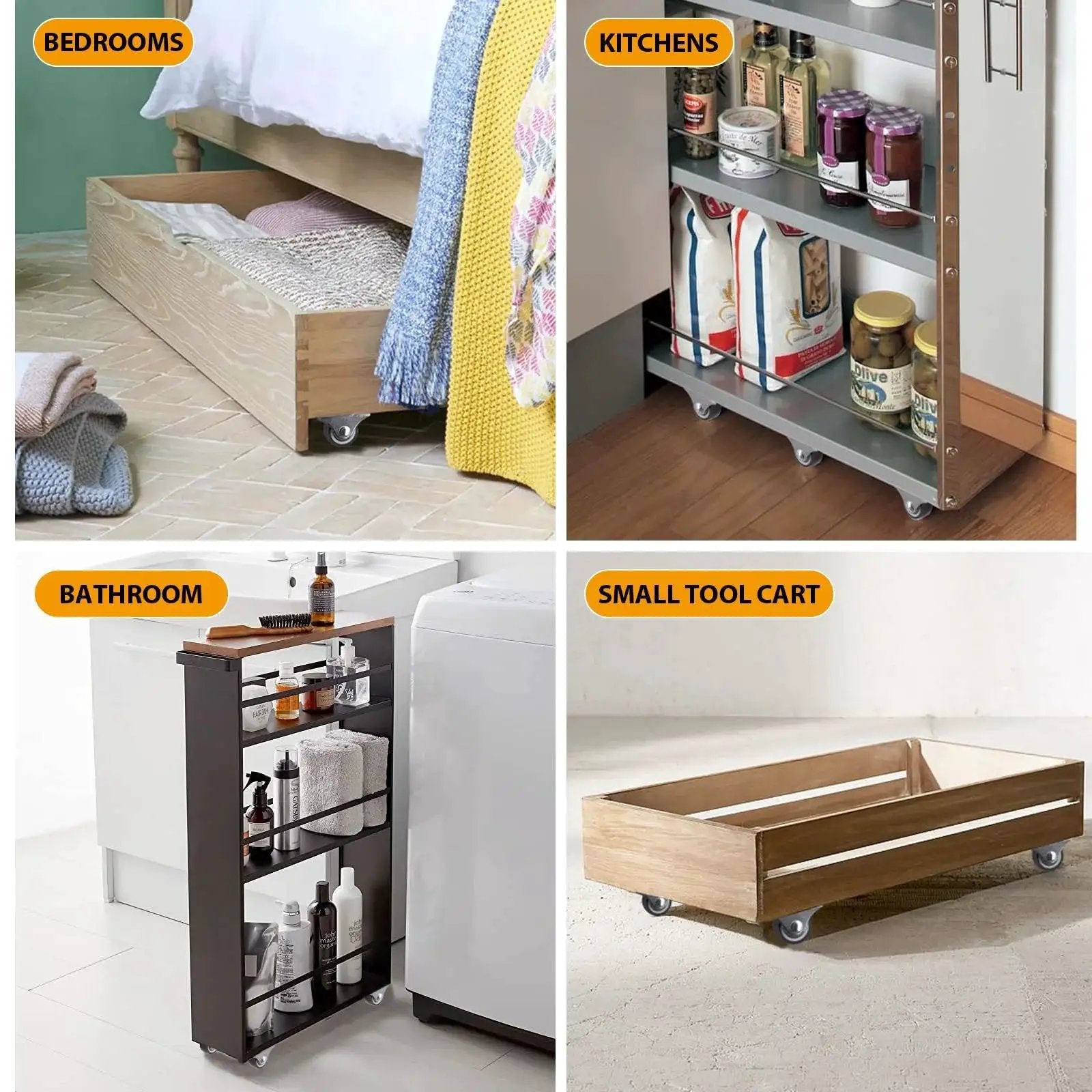Mini Fixed Casters Set Of 4 With Rubber Wheels And Bearings 130 Lbs Capacity shown on furniture and shelving for various uses.